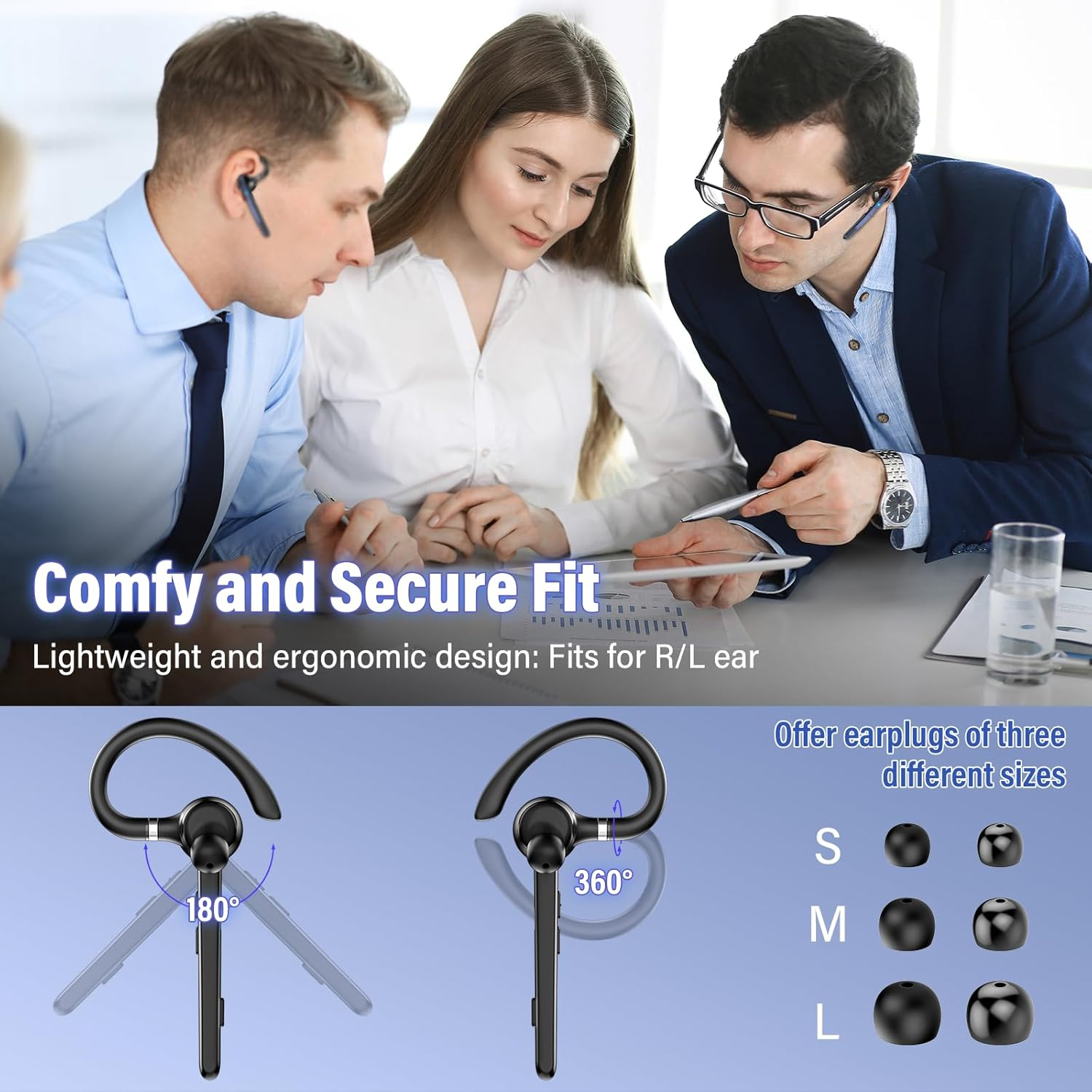 Bluetooth Headset V5.3, Wireless Hands-Free Phone with CVC 8.0/ENC Dual Mic, APTX, Mute Two Device Connection Headset Mobile Phone, 90 Hours Playtime Bluetooth Earphones with Charging Box for Business image number 4