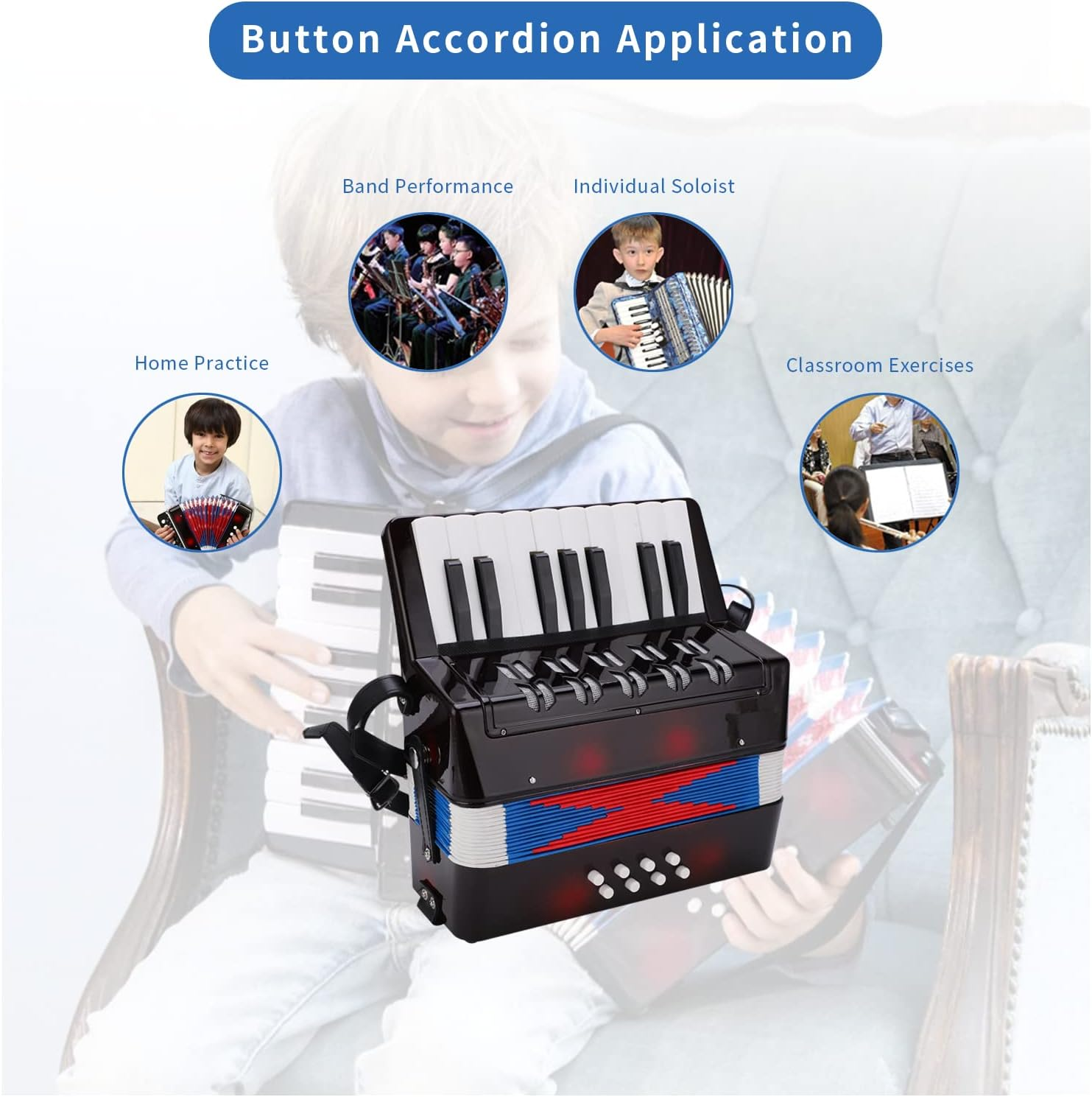 Kids 17 Key 8 Bass Button Mini Accordion Instrument with Retractable Leather Strap for Children Beginners Student Educational