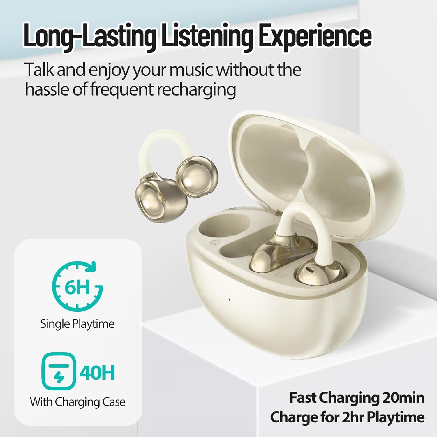 PTHTECHUS Open Ear Headphones, Bluetooth 5.4 with ENC Audio Wireless Earbuds, 40H Playback, Noise Cancelling Calls, Lightweight Comfort Stable Fit Wireless Open Earphones for Sports Working (White) - Black image number 4