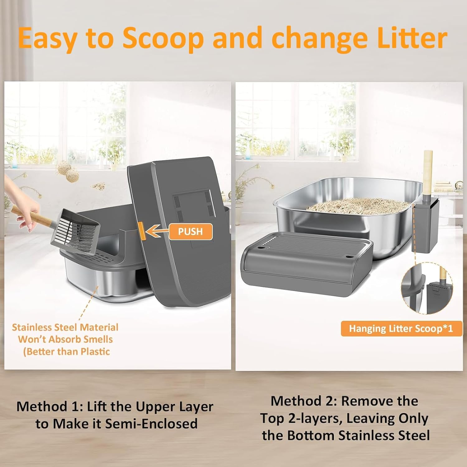 IHAYNER Stainless Steel Extra-Large Cat Litter Tray with Lid, 60 X 40 X 39 Cm, 47 L, Dark Gray, Covered Litter Box for Cat Owners image number 3