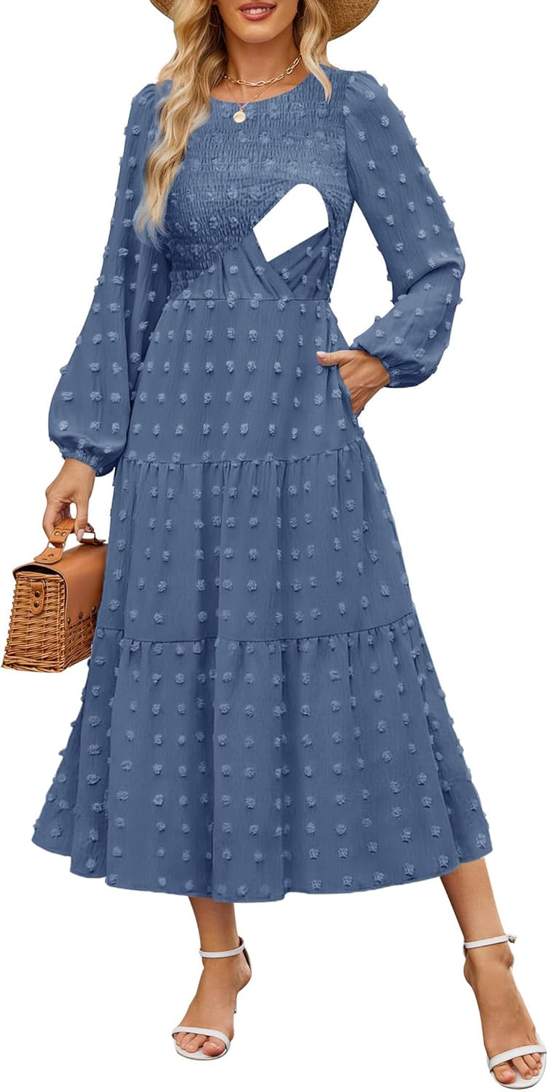 Women'S Nursing Dresses Fall Boho Floral Maxi Dress Breastfeeding Long Sleeve Crewneck Wedding Guest with Pockets