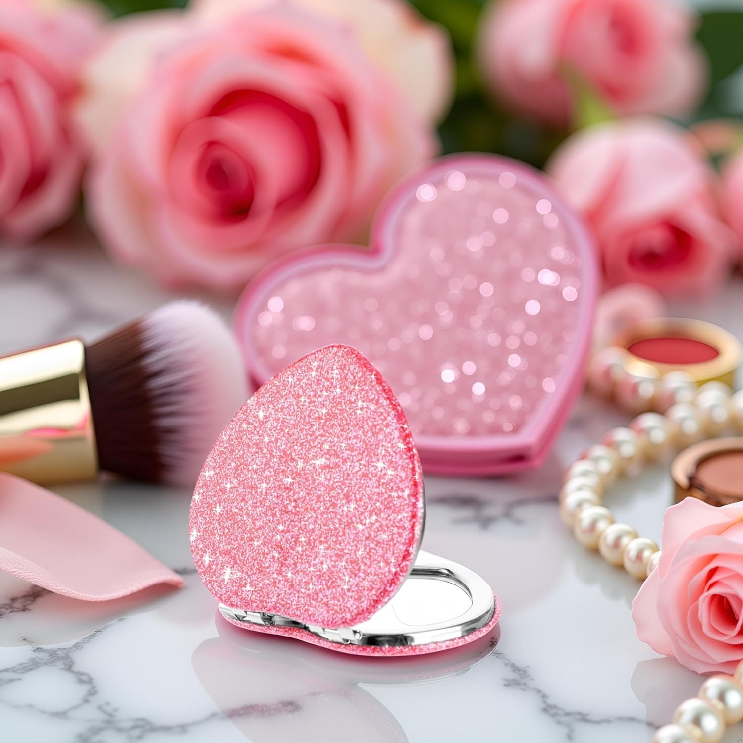 Compact Folding Mirror Heart Shaped Magnifying Mini Vanity Mirror Portable Travel Makeup Mirror for Purse Double-Sided Cute Glitter Cosmetic Mirror for Women Handbag Wallet Home Office Mirrors image number 1