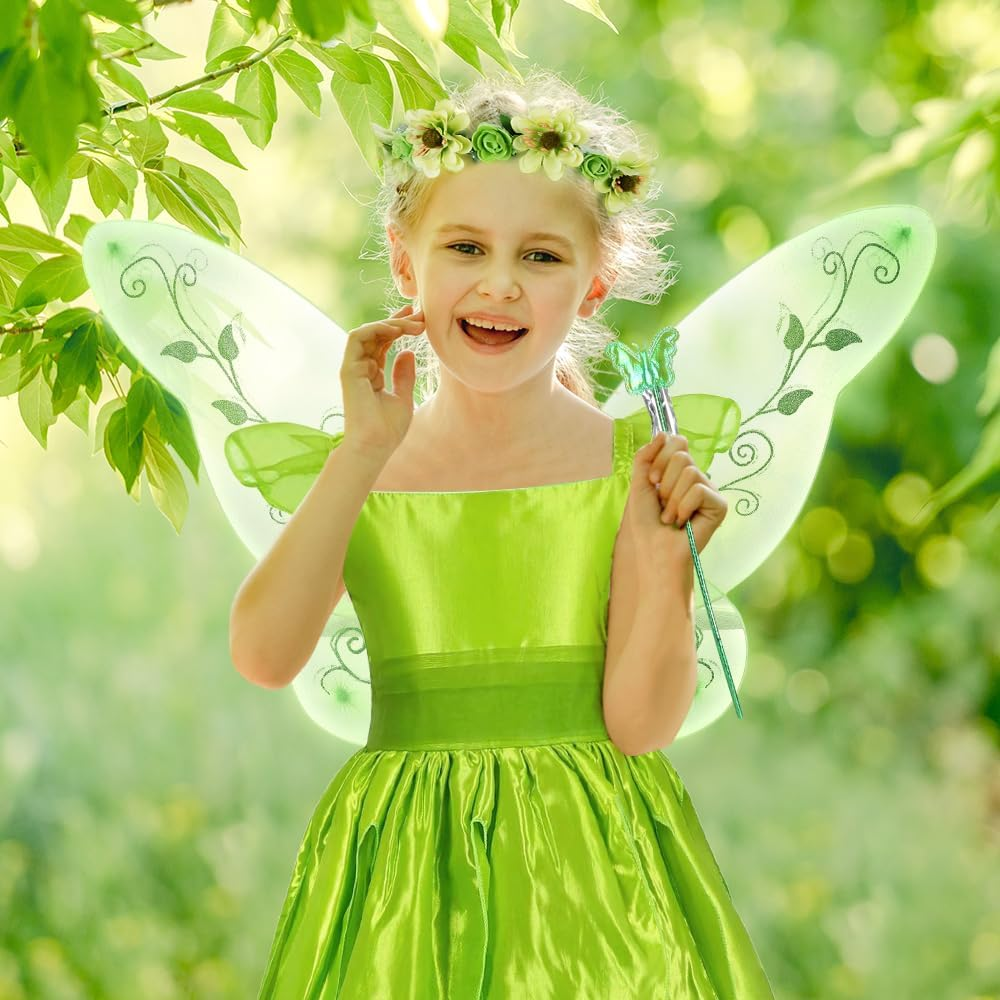 AUTOWT 5 PCS Fairy Dress up Costume Set with Butterfly Wings Fairy Wand Wreath Headband for Girls Kids Halloween Christmas Photography Birthday Dance Party Gift image number 2