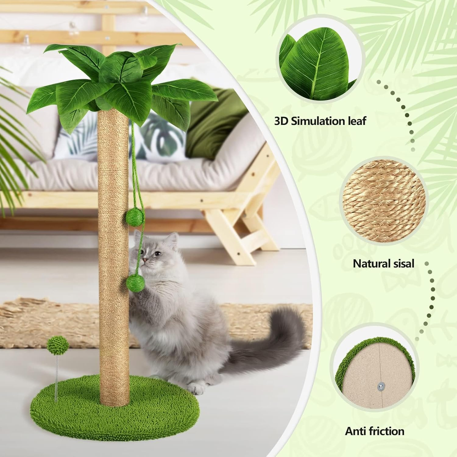 Cat Scratching Post, Tall Scratch Tree with Premium Sisal Rope, Two Interactive Dangling Balls and Spring Ball Toys for Indoor Kittens and Cats, 40 * 63 Cm image number 3