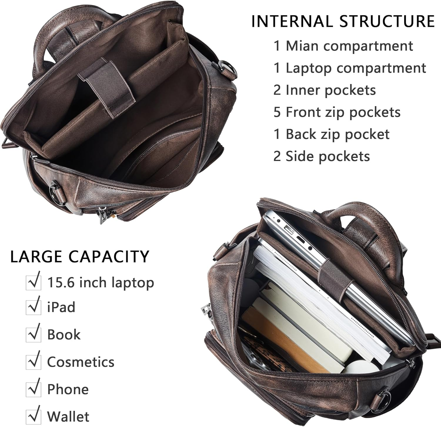 Shrrie Vegan Leather Laptop Backpack for Women 15.6 Inch Work Backpack Fashion Travel Backpack Purse for Business College - Nubuck Brown image number 3