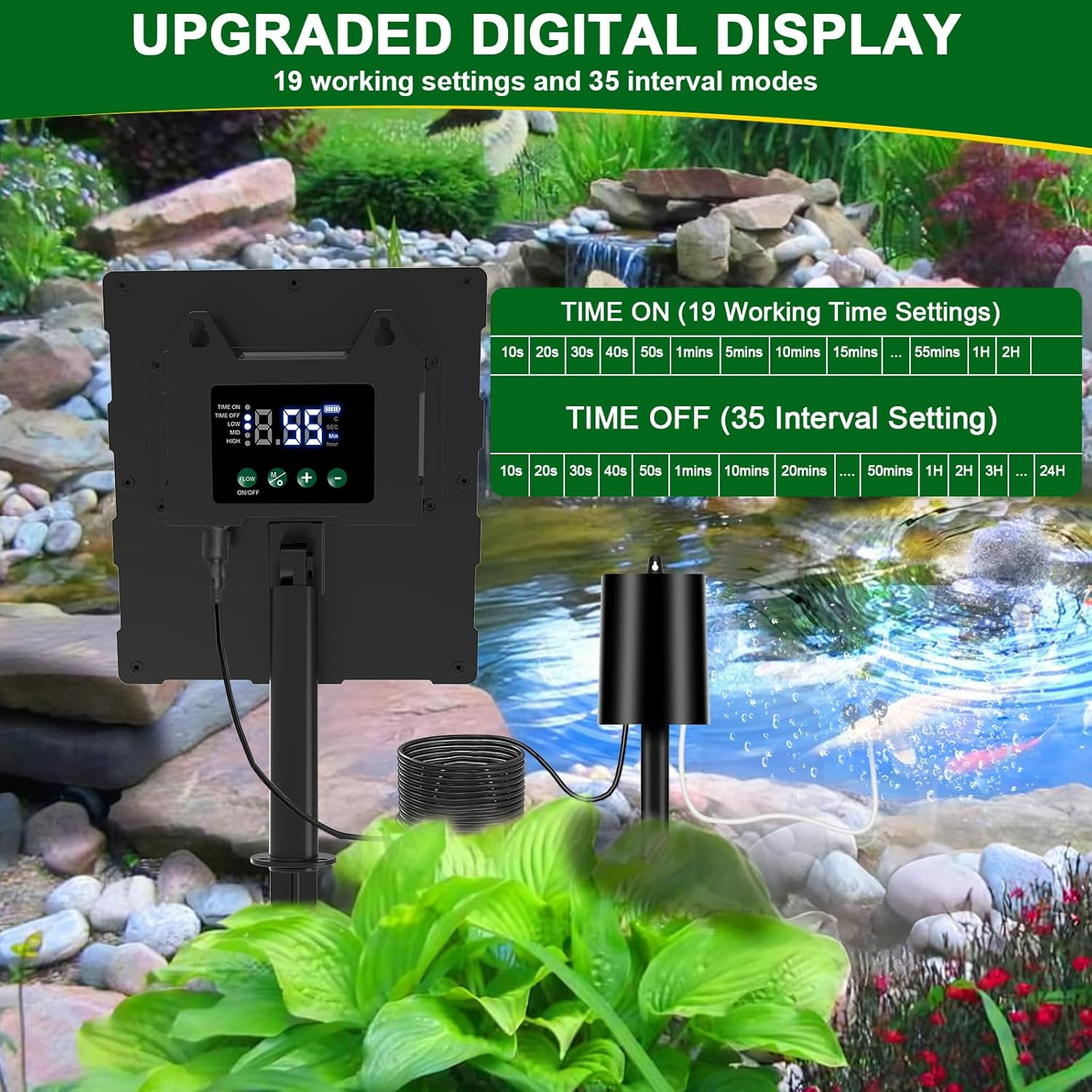 Upgraded Digital Display Solar Pond Aerator, 3 Working Modes(Low/Med/High) Solar Aerator for Outdoor Ponds with Timing Function, Solar Air Pump with Bubble Regulator for Small Ponds, Fish Tanks image number 1