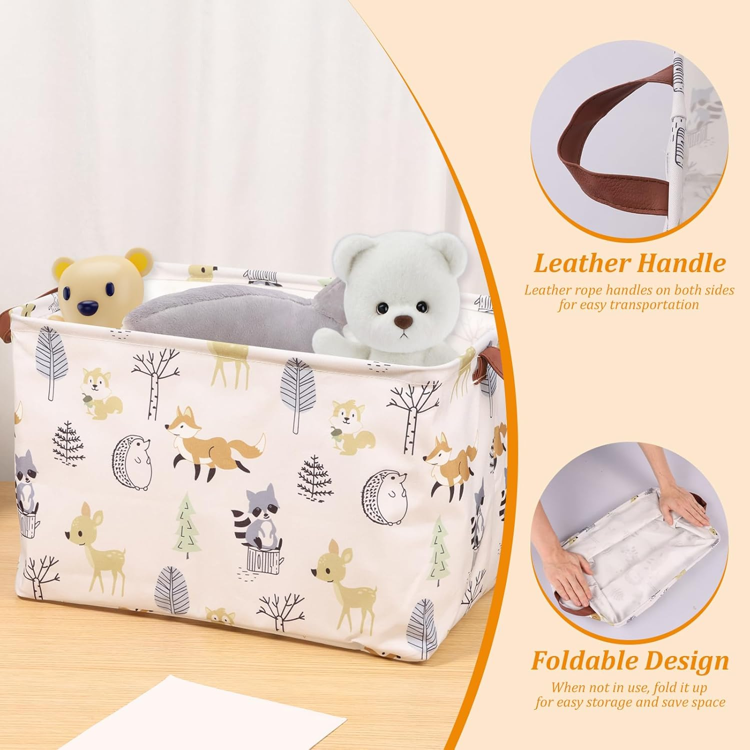 Awobepl 3 Pack Collapsible Storage Baskets, Foldable Fabric Organiser Bin with Handles for Baby Clothes, Nappies, Toys, Rectangular Laundry Hamper for Nursery, Bedroom, Bathroom (Animal) - Bow Tie image number 3