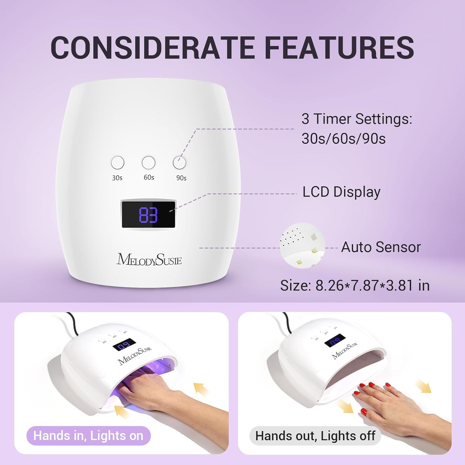 Melodysusie 54W UV LED Nail Lamp, Professional LG Chip Gel Nails UV Light Dryer with 30 Dual LED UV Beads, Power Saving Mode, 3 Timer Setting, Sensor, Detachable Tray for Polygel, Gel Polishes image number 4