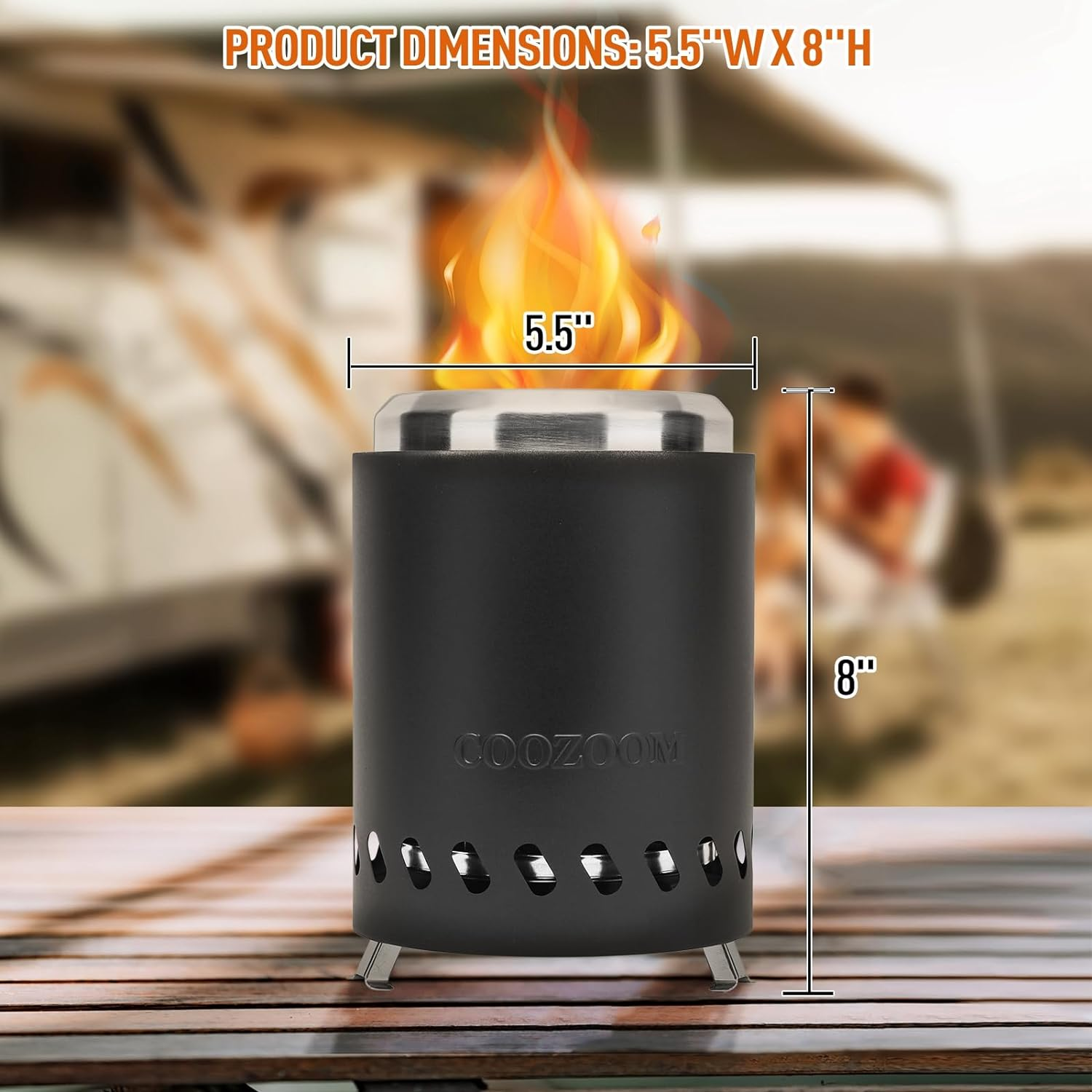 Portable Table Top Fire Pit: 5.5" Stainless Steel Mini Outdoor Stove with Stand, Low Smoke Burning Tabletop Firepit Fueled by Pellets or Wood, for Urban & Suburbs outside Camping Black