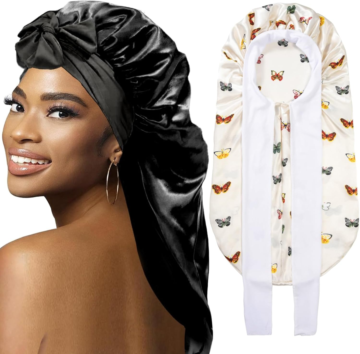 Bonnets for Black Women Braid Bonnet, Large Long Satin Bonnet for Braids, Silk Bonnet with Stretchy Tie Band Sleep Cap Hair