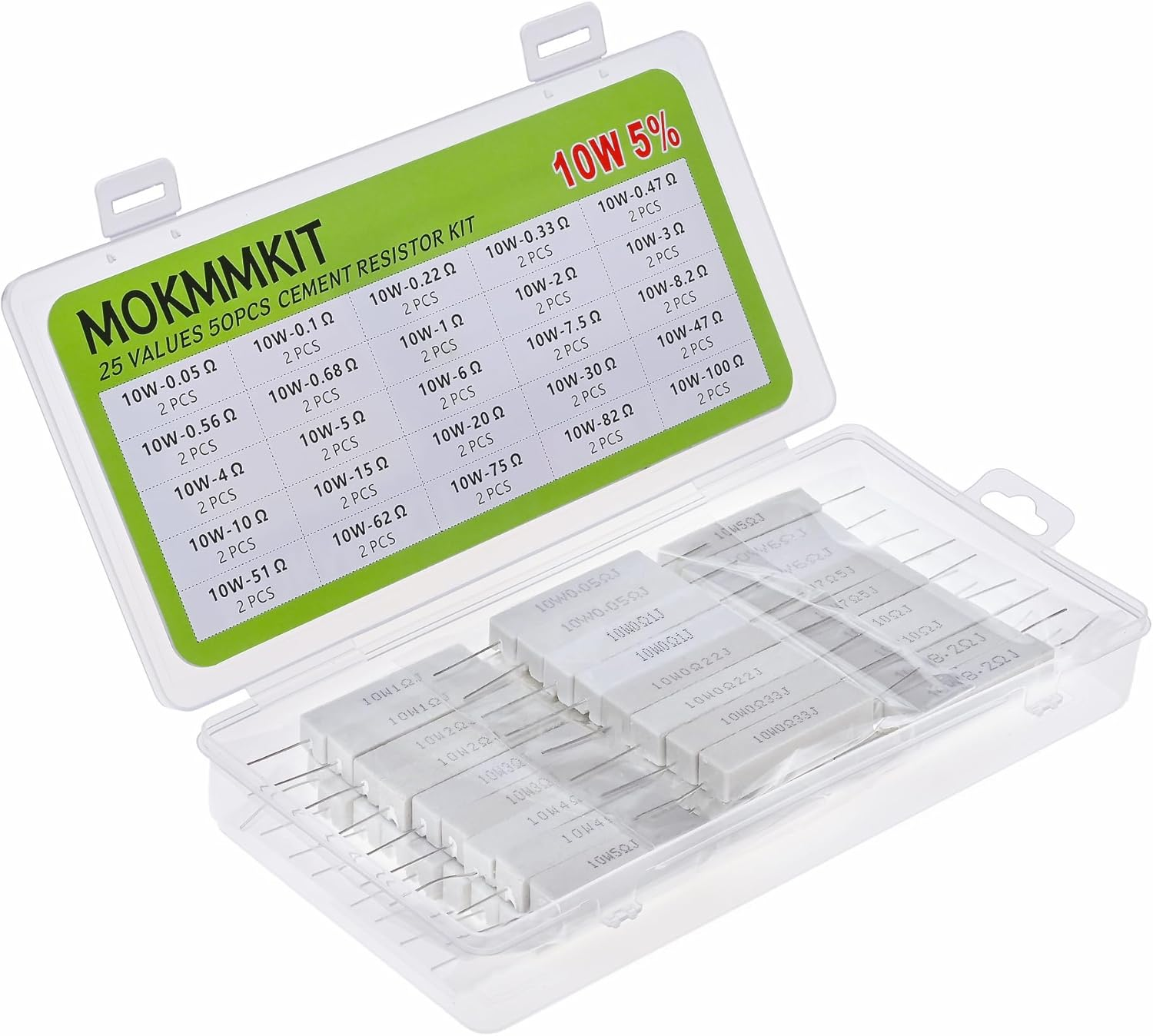 MOKMMKIT 25 Values 50 Pieces Ceramic Cement Resistor KIT 10W Resistance 10 Watt &plusmn;5% Power Resistors (0.05 Ohm - 100 Ohm) image number 4