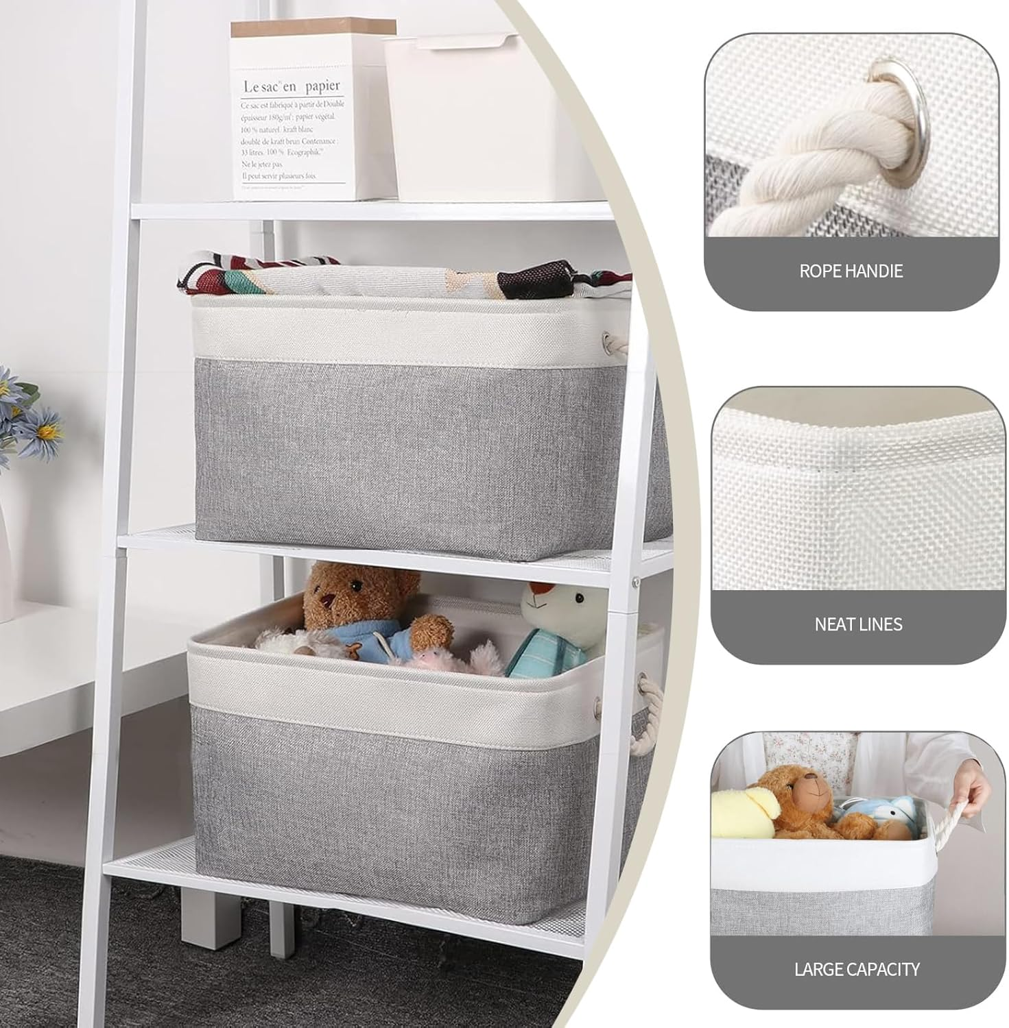 6-Pack Collapsible Fabric Storage Baskets, 38X28X24Cm Rectangular Organizer Bins for Shelves, Closets, Nursery, Home, Office, and Gift Storage, White & Grey image number 1