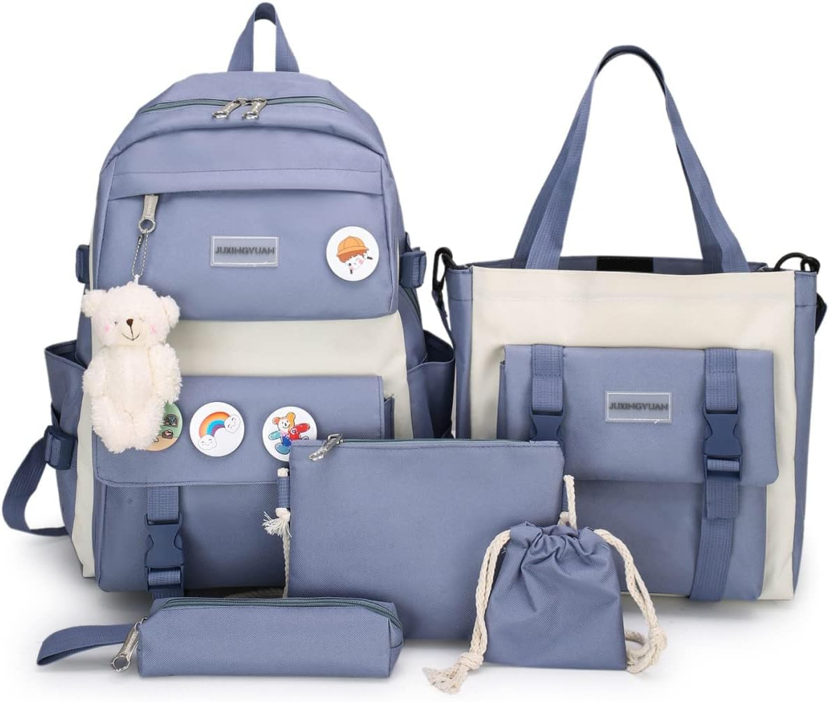 AONUOWE 5Pcs Aesthetic Backpack Set for School Teens Girls Daypack Cute Trendy Large Capacity Preppy Shoulder Bag, Purple, Backpack,Travel,Unique