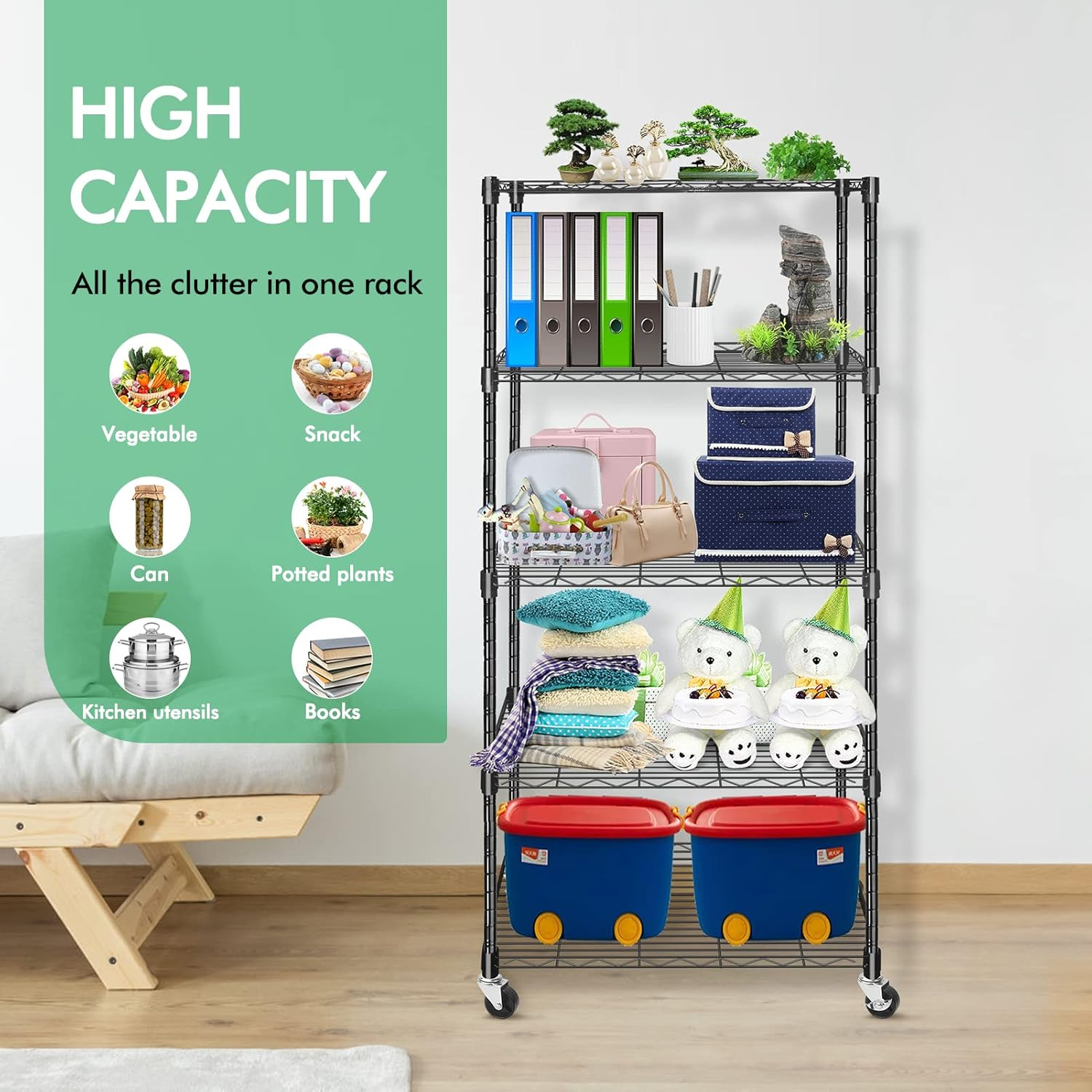 5-Shelf Adjustable,Heavy Duty Storage Shelving Unit on Wheel Casters,Shelves for Storage Wire Shelving,Modern Style,Black (23.7L X 13.7W X 61H)