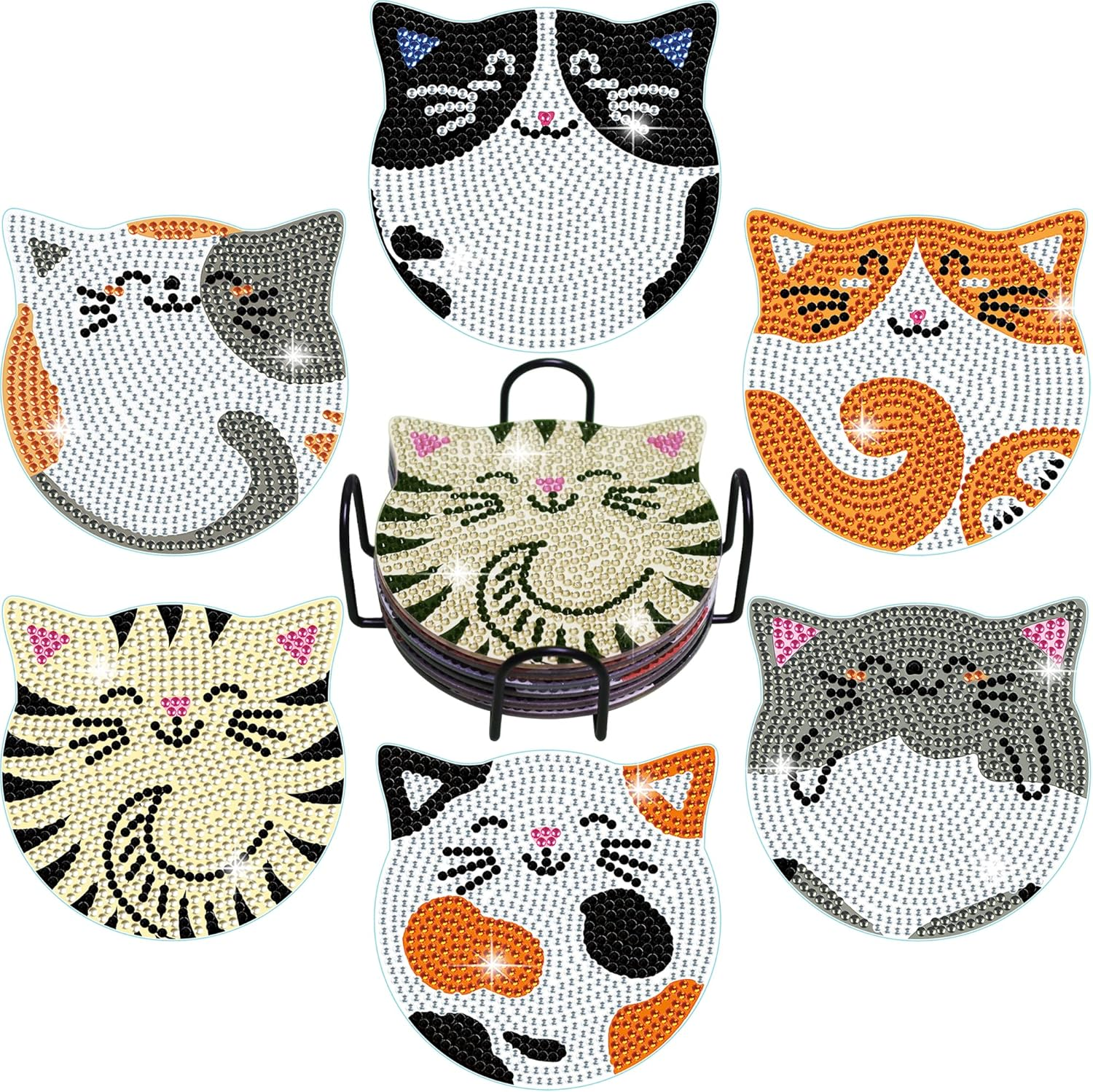 Diamond Painting Coasters Kits - 6 Pcs Cat Diamond Art with Holder, Crafts Kits for DIY, Diamond Art Kits for Adults