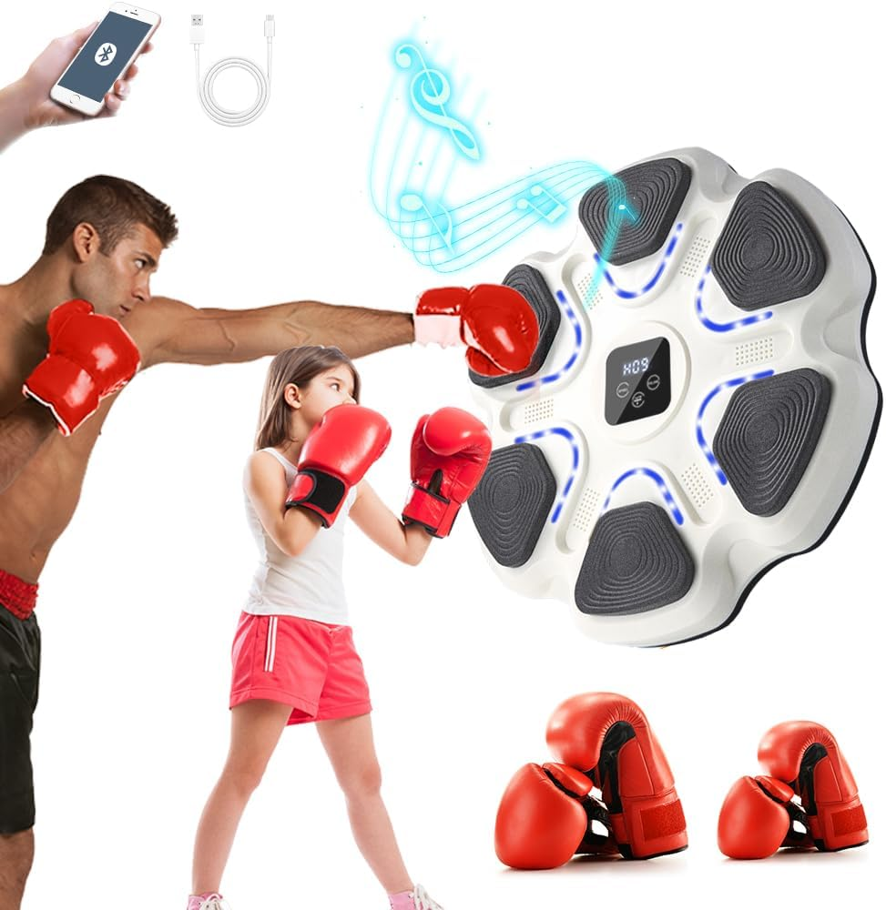 Music Boxing Machine with 2 Pairs of Gloves,Smart Bluetooth Boxing Machine,Wall-Mounted Punching Equipment with LED Display,Rechargeable Boxing Target for Kids Adults Home Gym