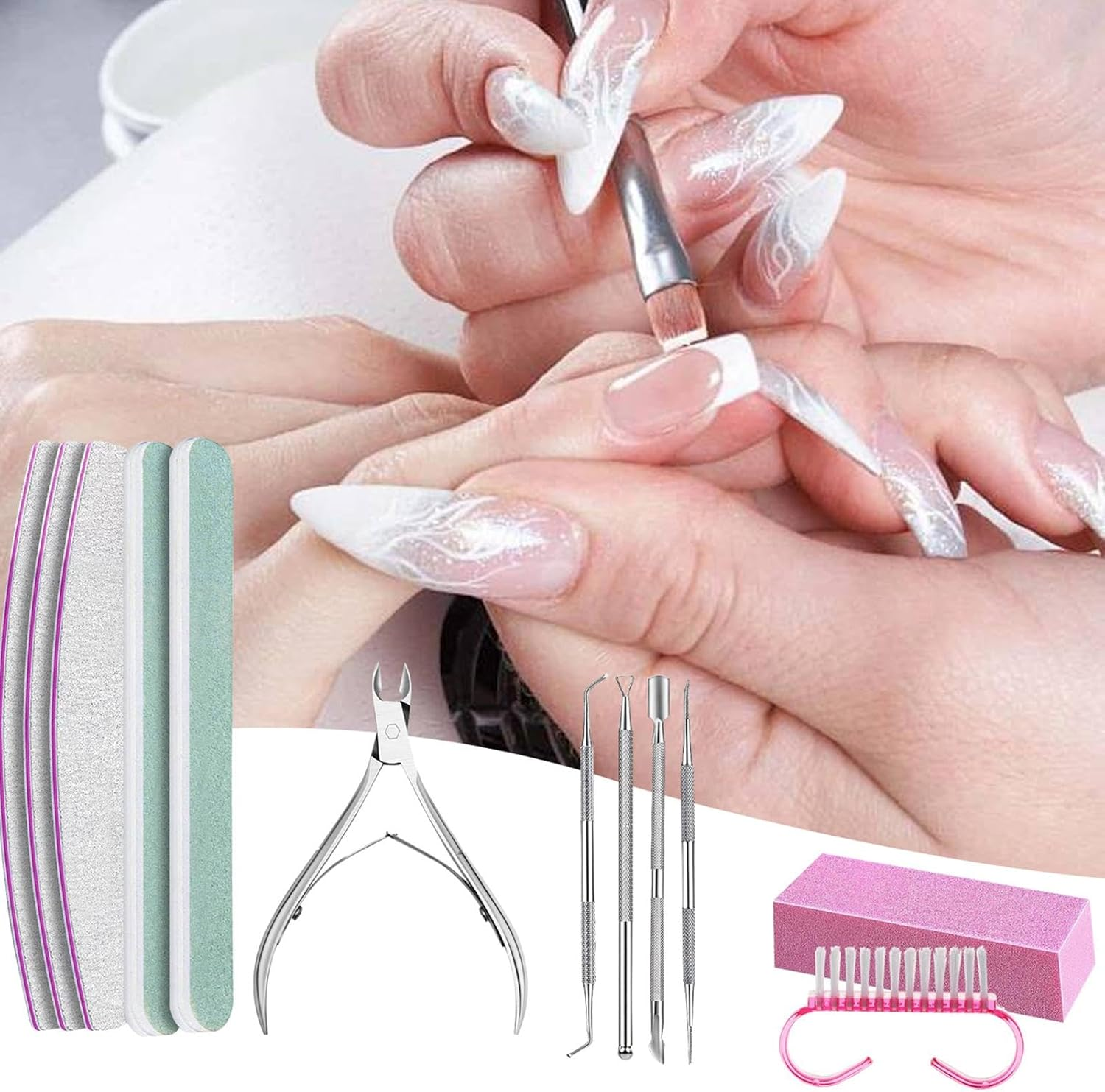 Wezalget Nail Clipper Set | Nail Care Kit 100/180 Manicure Tools - Nail Kit Includes Nail Files, Pink Nail Buffer, Polishing Files, Triangular Cuticle Stripper for Salon image number 6