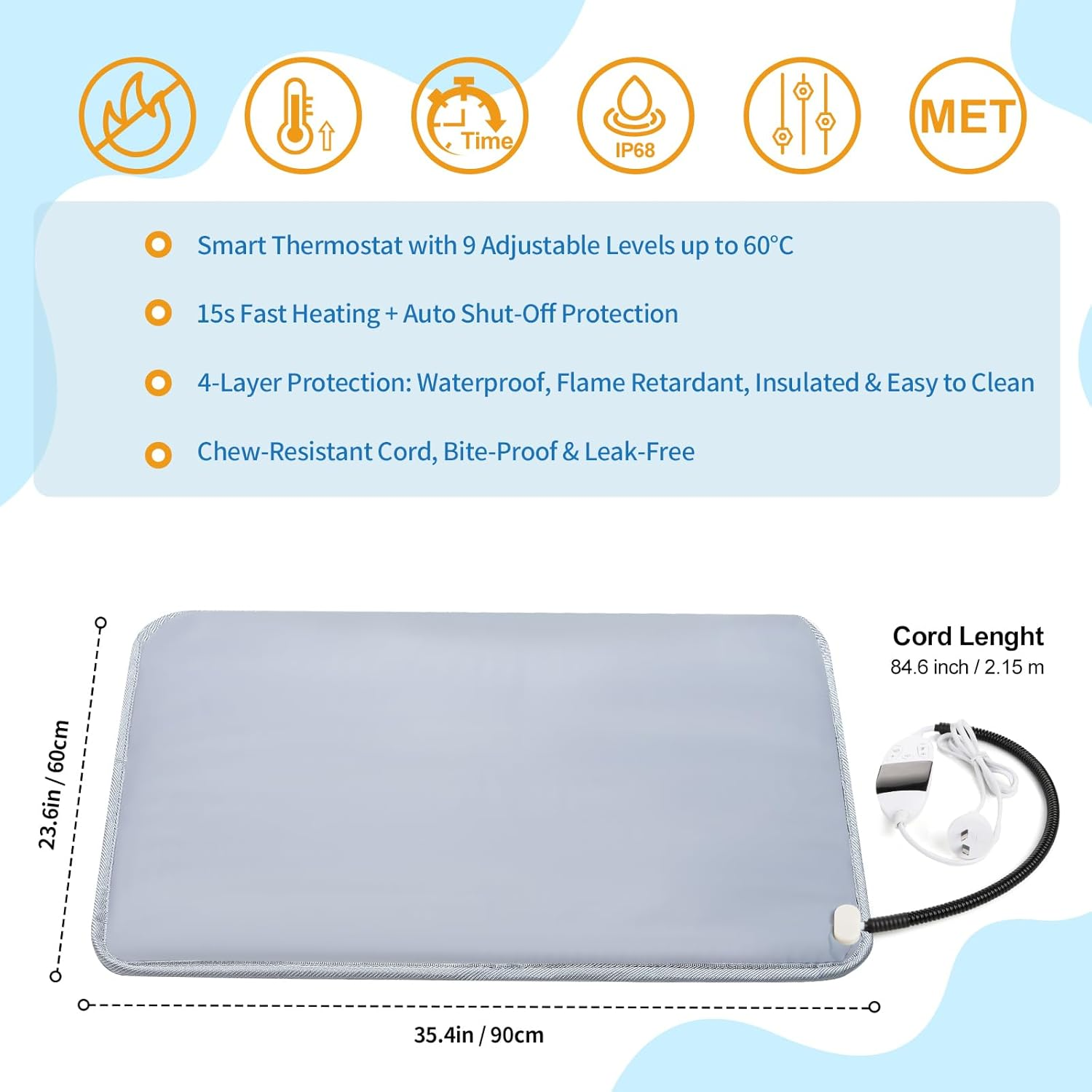 Heated Cat Bed 60X90Cm Waterproof Pet Heating Pad with Smart Thermostat, Electric Heating Mat for Cats and Small Dogs, 9-Level Temp Adjustable, Chew Resistant Heat Mat for Pets image number 5