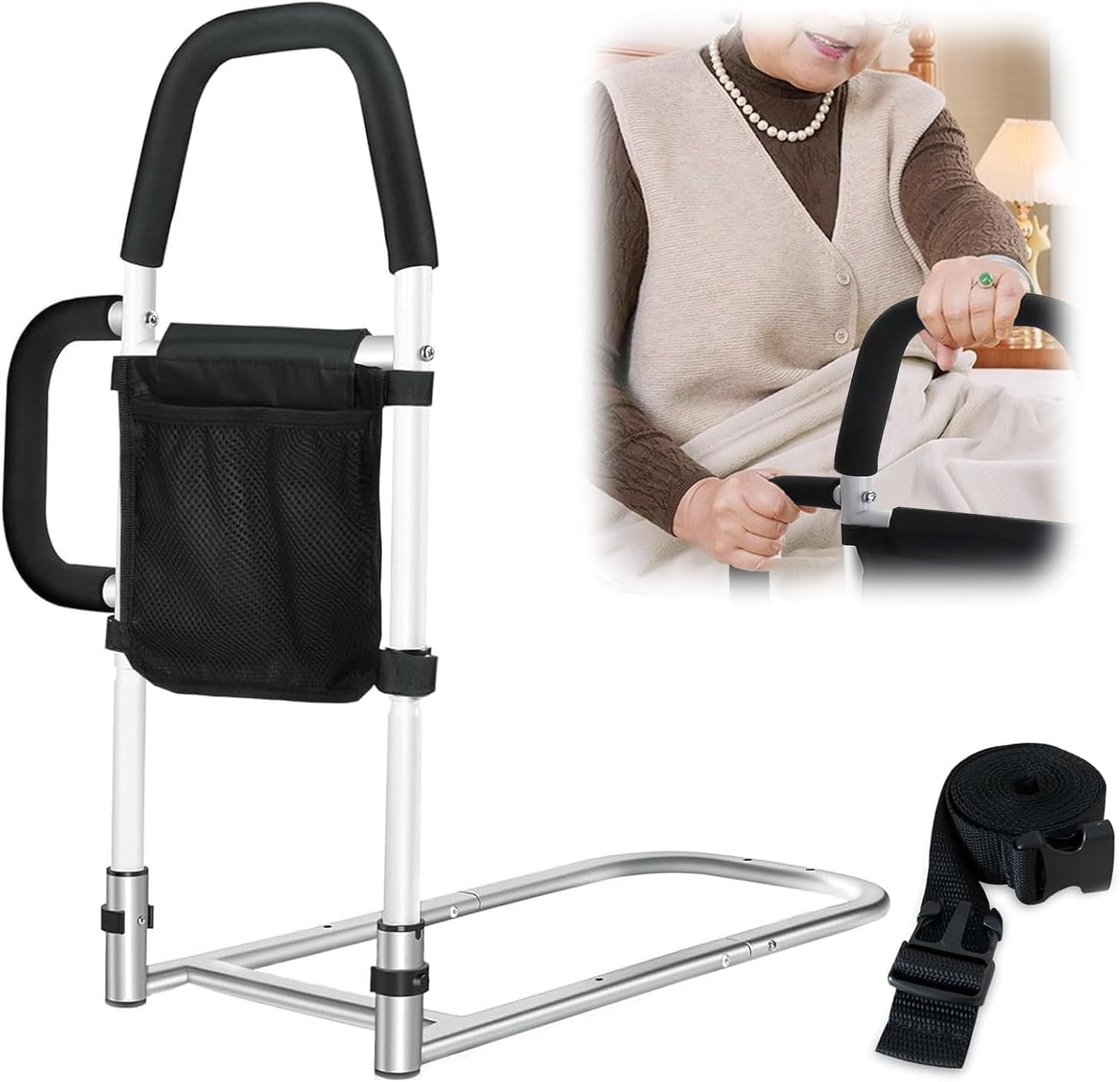 Bed Rails for Elderly Adults with Dual Grab Bars & Storage Pocket, Portable Adjustable Bed Assist Rail, Bed Rail Support up to 300Lbs, Fits King, Queen, Full Bed image number 3