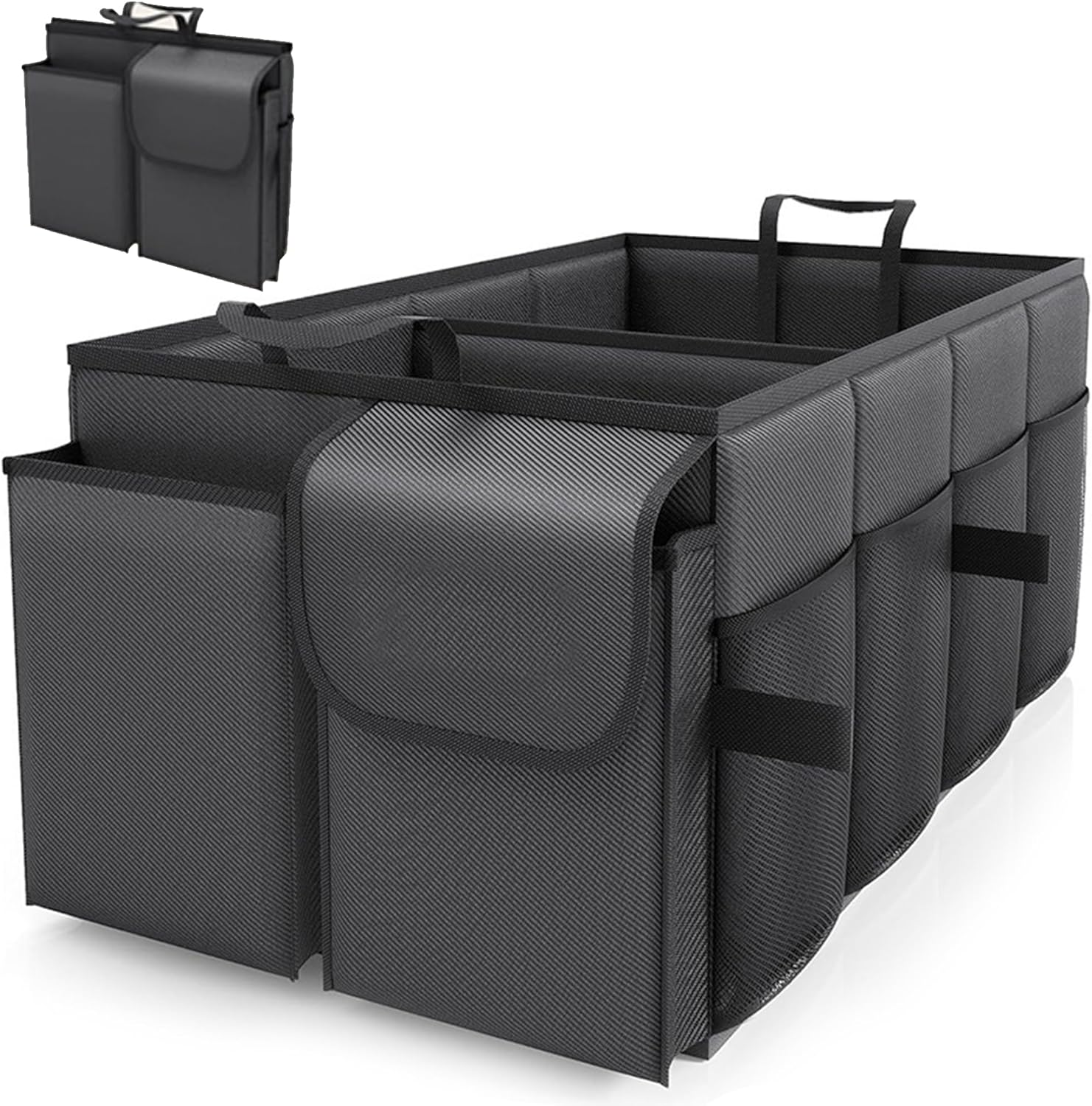 Car Boot Organiser, Car Organiser Box, Foldable Trunk Storage Bag for Storing Car Accessories, Tools, Sundries, with Two Compartments, Black, 22"X13"X11" image number 5