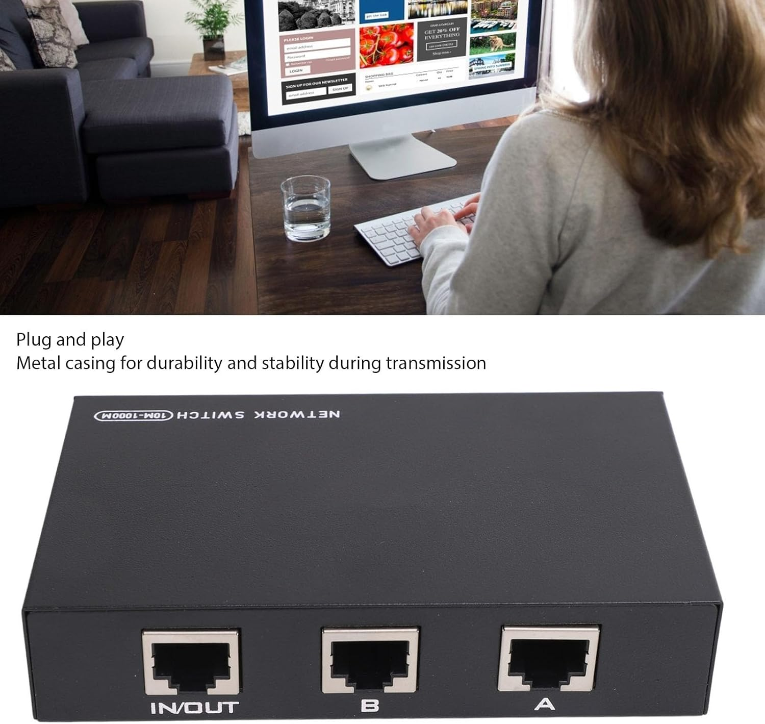 RJ45 Network Switch, Plug and Play 2 Way a B Selector Hub for Home with Iron Metal Casing, 100M 1000M Ethernet Splitter, Compatible for Network Devices image number 6