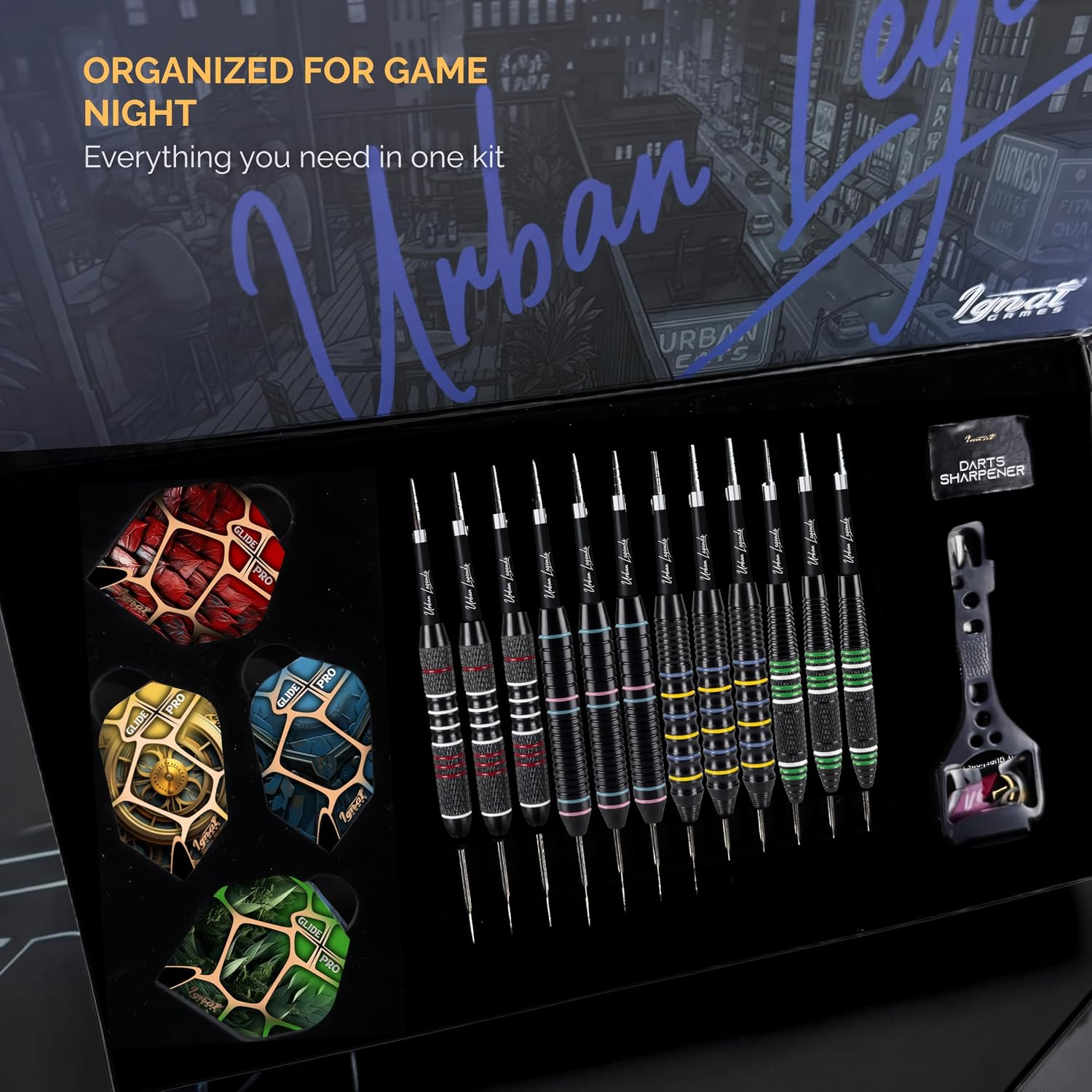 Ignatgames Premium Steel Tip Darts &ndash; 3/6/12 Pack Brass Barrels with Aluminum Shafts, 16 Glidexpro Flight Set, Tool Kit & Giftable Case - Manhattan Midnight image number 4