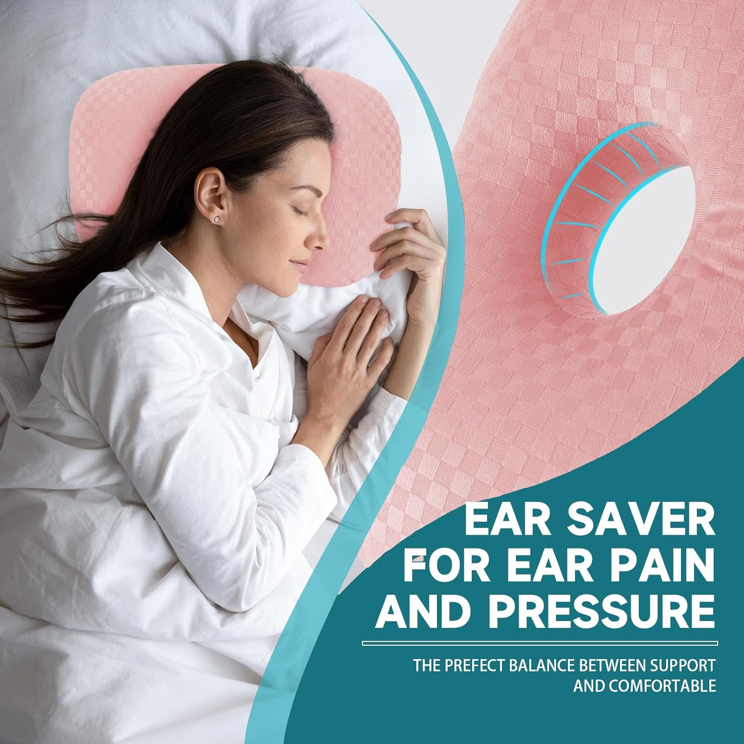 Wuronsa Ear Piercing Pillow with an Ear Hole, Cotton and Polyester Side Sleeping Pillow for CNH and Ear Pain Ear Inflammation Pressure Sores for Side Sleepers, Ear Guard Pillow (Light Pink) - Black Silk image number 6