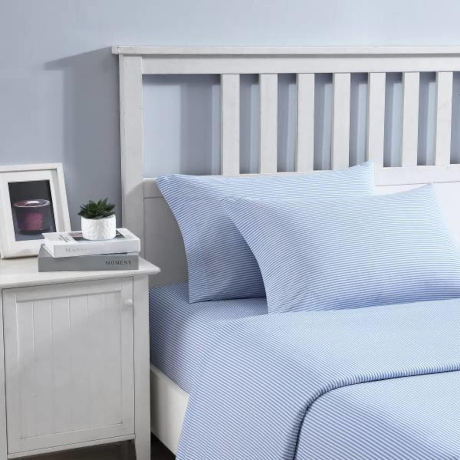 Poppy & Fritz - Twin XL Sheet Set, Cotton Percale Bedding Set, Crisp & Cool, Stylish Home Decor (Oxford Stripe Blue, Twin XL) image number 5