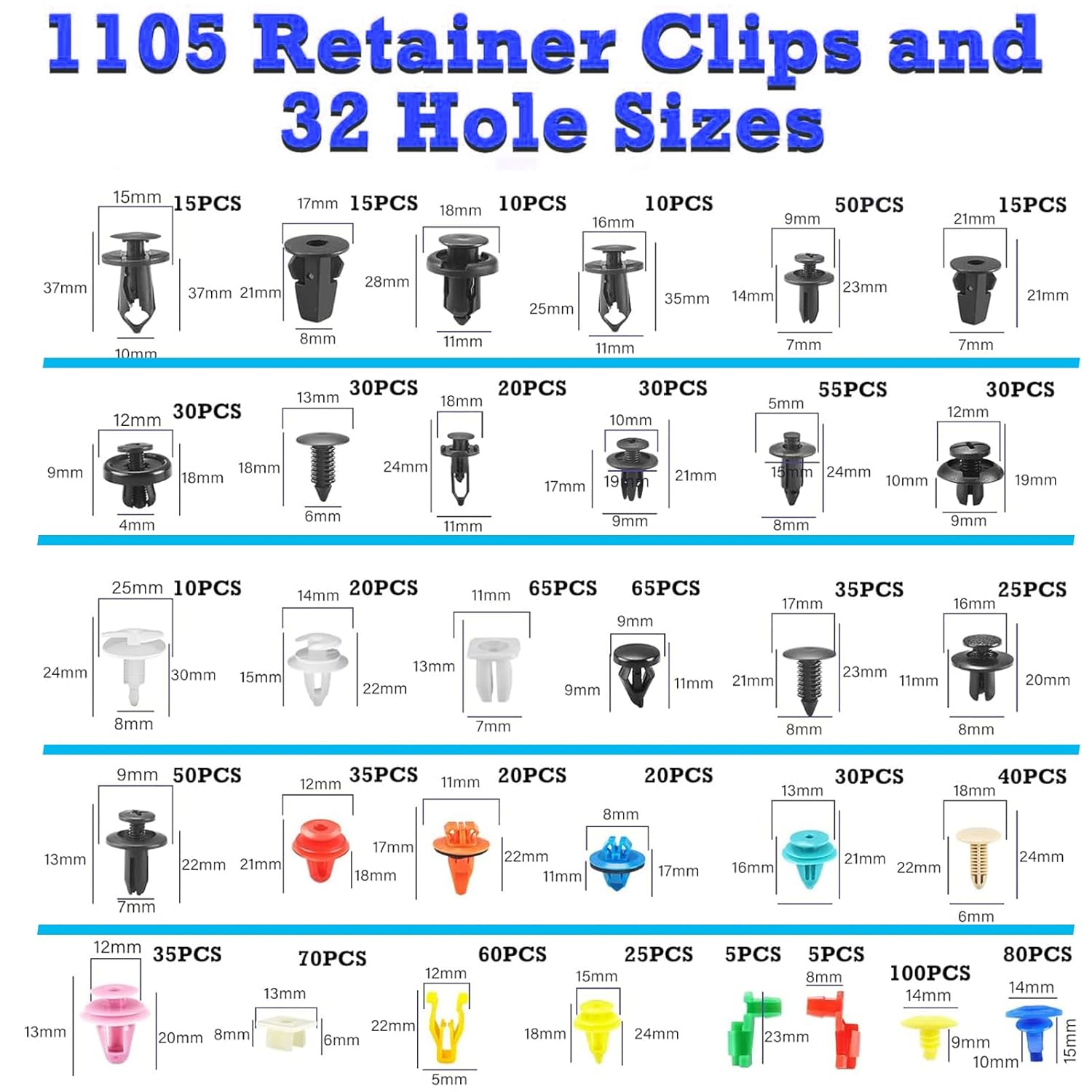 1240Pcs Car Retainer Clips Auto Fasteners Assortment Kit,32 Universal Sizes Nylon Bumper, Fender Rivets and Door Panel Clips,With 10 Cable Ties and Removal Tool,Universal for All Cars, Blue image number 1