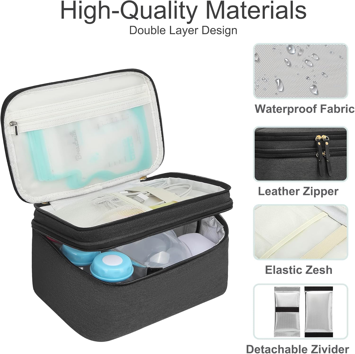 QIUXQIU Breast Pump Bag for Hands-Free Wearable Breast Pumps、Bottles,Pump Parts, and Storage Bag，Tote Bag，Multi-Function Breastmilk Cooler Bag Insulated Bag(Black) - Black+Ice Pack image number 4