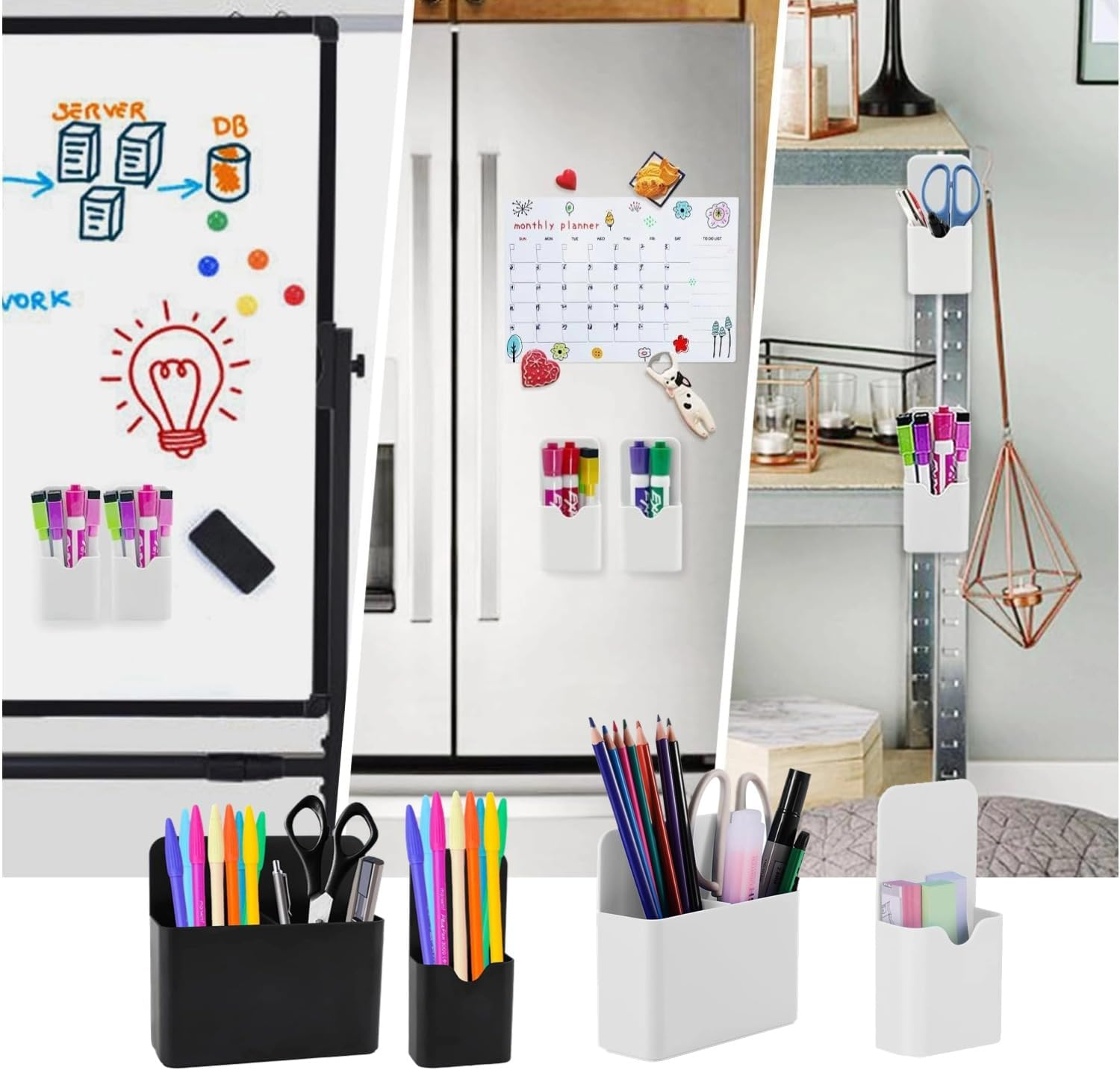 Magnetic Pen Holder,2 Pack Dry Erase Marker Holder with Generous Compartments,Strong Magnet Storage Pencil Organizer for Refrigerator,Whiteboard,Locker Accessories (White (2)) image number 5
