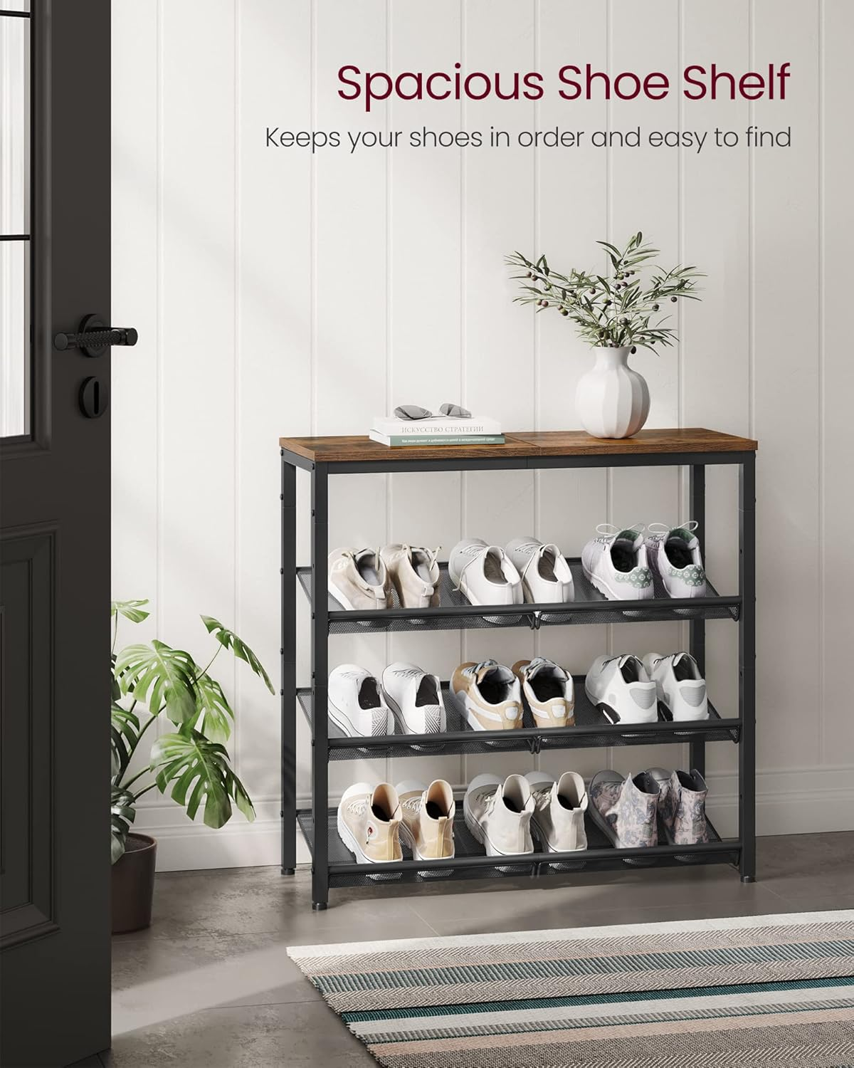 VASAGLE Shoe Rack for Entryway, 4-Tier Shoe Rack Organizer with Storage Shelves and Spacious Top, Freestanding, Adjustable, Industrial, Rustic Brown and Ink Black ULBS040B01 image number 5