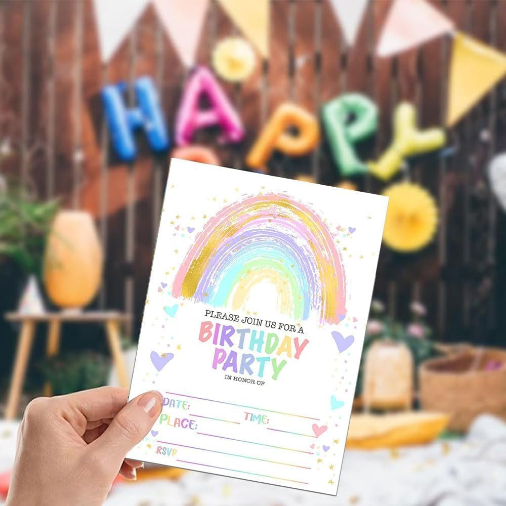 40 Pcs Birthday Party Invitation Cards,Rainbow Happy Birthday Party Celebration Invites,20 Cards with 20 Envelopes image number 2