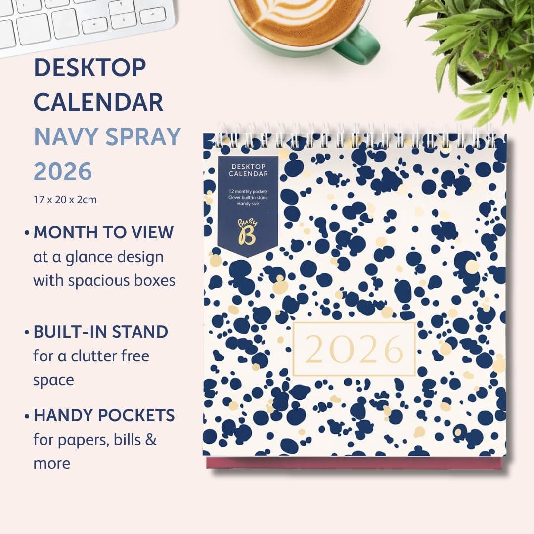 Busy B 2026 Desk Calendar &ndash; Jan to Dec, Navy Spray 2026 Calendar with Built-In Stand & Flip-Top Binding Dessk Calendar for Office or Home - Year Planner with Pockets for Organised Planning - Navy Spray image number 4