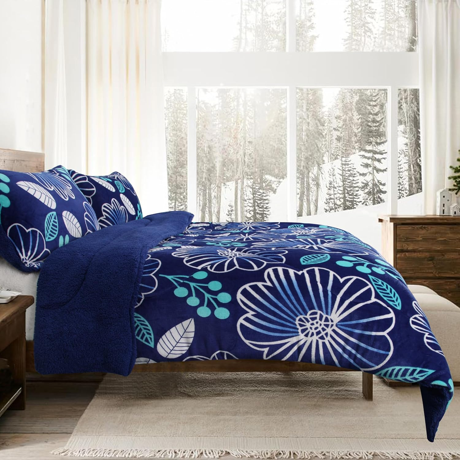 Ramesses Printed Sherpa Flannel Fleece Reversible Blanket Set Single/Double Blue Flower image number 5