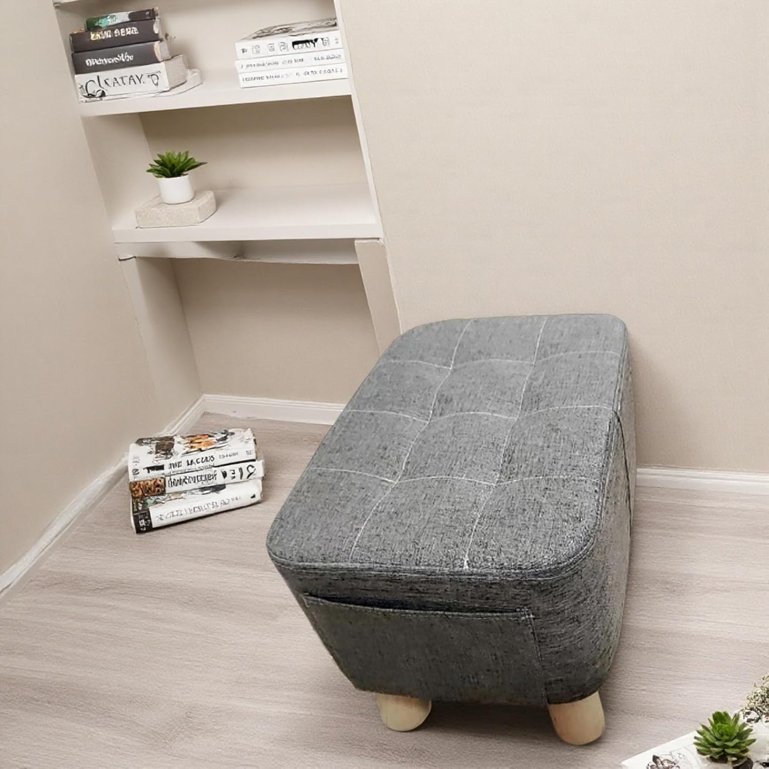 Modern Ottoman Footstool with Wooden Legs, 40 X 28 X 28 Cm, Fabric, Wooden Frame, 150 Kg Capacity A265 (Black)