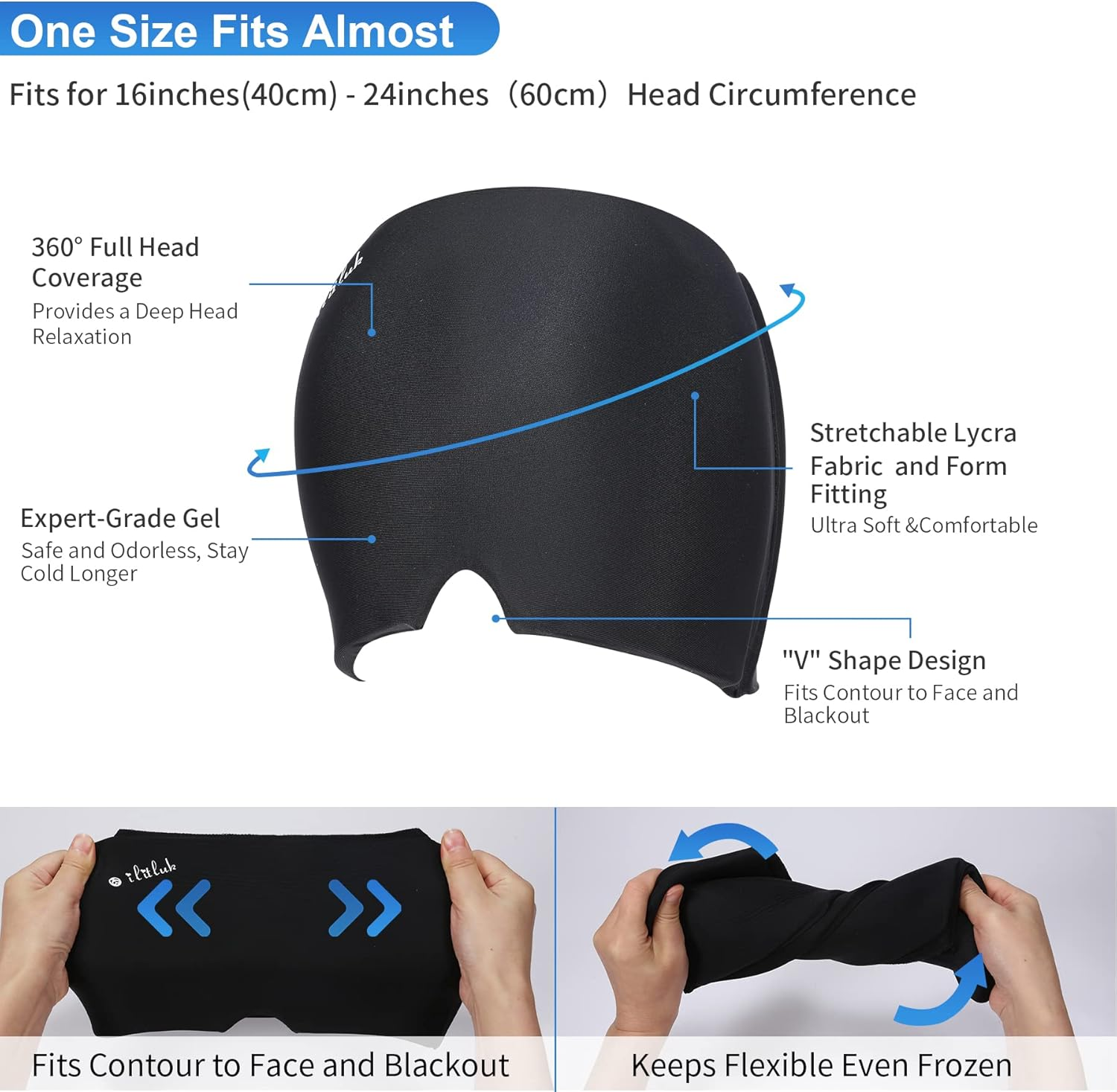 Gel Ice Headache Migraine Relief Hat Cap Hot and Cold Compress Therapy Stretchable Reusable Migraine Ice Head Wrap Hangover Hat Ice Pack Mask for Tension, Sinus, Sports Injuries, Fevers, TBI, Black