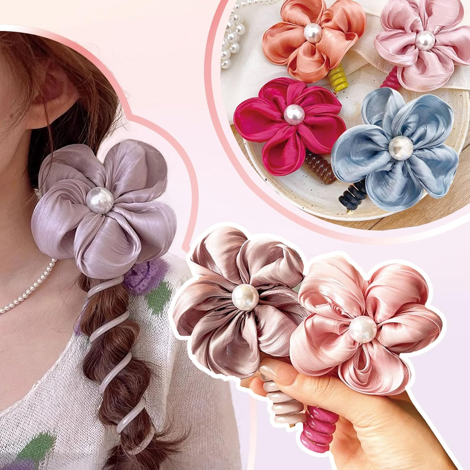 Colorful Phone Wire Hair Bands Flower Beads Spiral Hair Ties Ponytail Holder No Damage Phone Cord Hair Ties Bobbins for Women and Girls Thin Thick Accessories 5 Pack image number 2