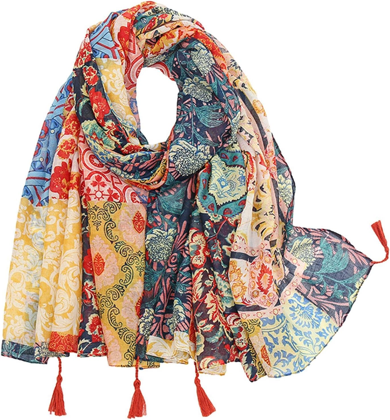 Boho Printed Scarf | Lightweight Boho Cotton Scarf Wrap Boho Scarf with Fringe | Winter Fashion Vintage Scarf for Beach Swimming Pool Travel Work, Multi-Coloured, Siehe Beschreibung image number 4