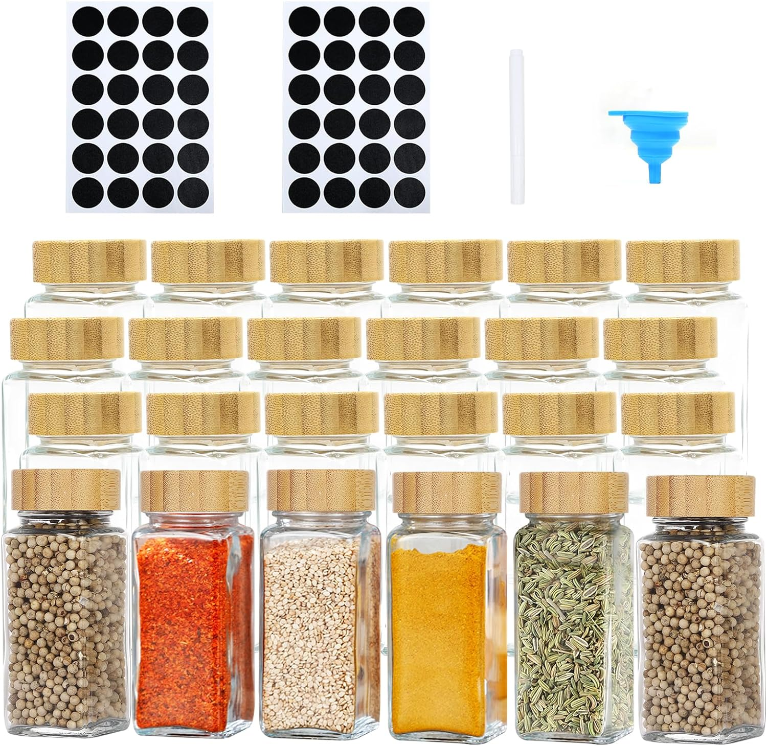 Yuroochii 24 Glass Spice Jars with Label, 120Ml Square Seasoning Bottle with Bamboo and Wood Cap Set, Spice Bottles Funnel, Empty Spice Jars and Shaker Lids Spice Containers