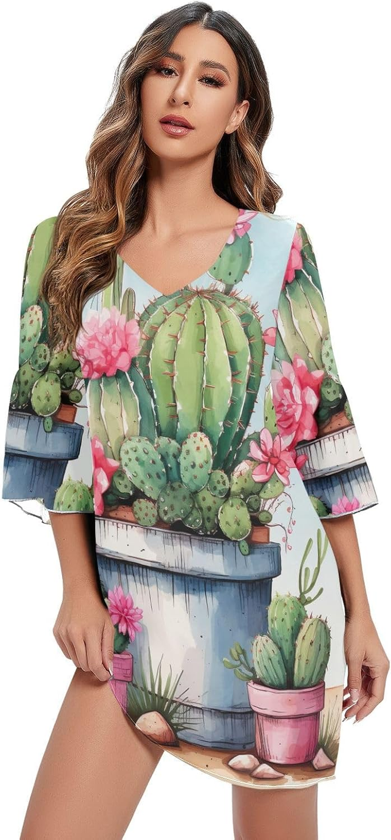 Cactus Flowers Chiffon V Neck Dress Printed Line Maternity Dress S-XXL image number 1