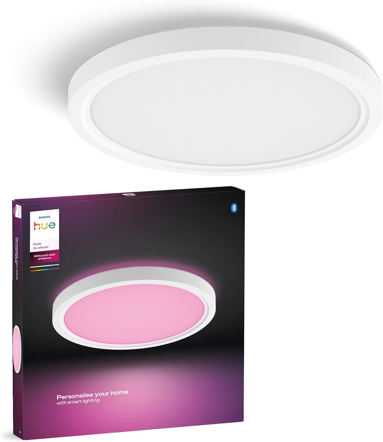 Philips Hue Devote Connected LED Panel, White and Color Ambiance, round 30 Cm, 16.6 W, 2000 Lumens, White Frame for Indoor Lighting, Ceiling, Living Room, Kitchen, Hallway image number 3