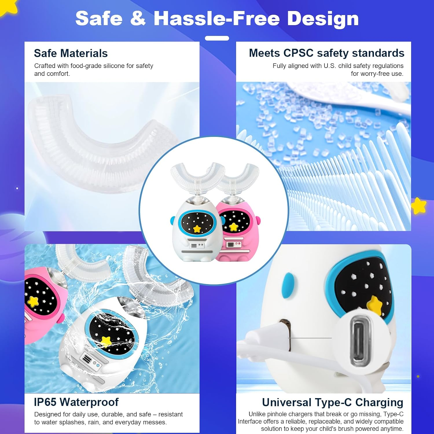 Fanhwadaimung Kids U Shaped Electric Toothbrush with Music, 360&deg; Deep Cleaning, 3 Modes, Voice Teaching, 45S Smart Timer, Type-C Charging, Waterproof Astronaut Design, for Ages 3-12 (Heroic White) image number 2