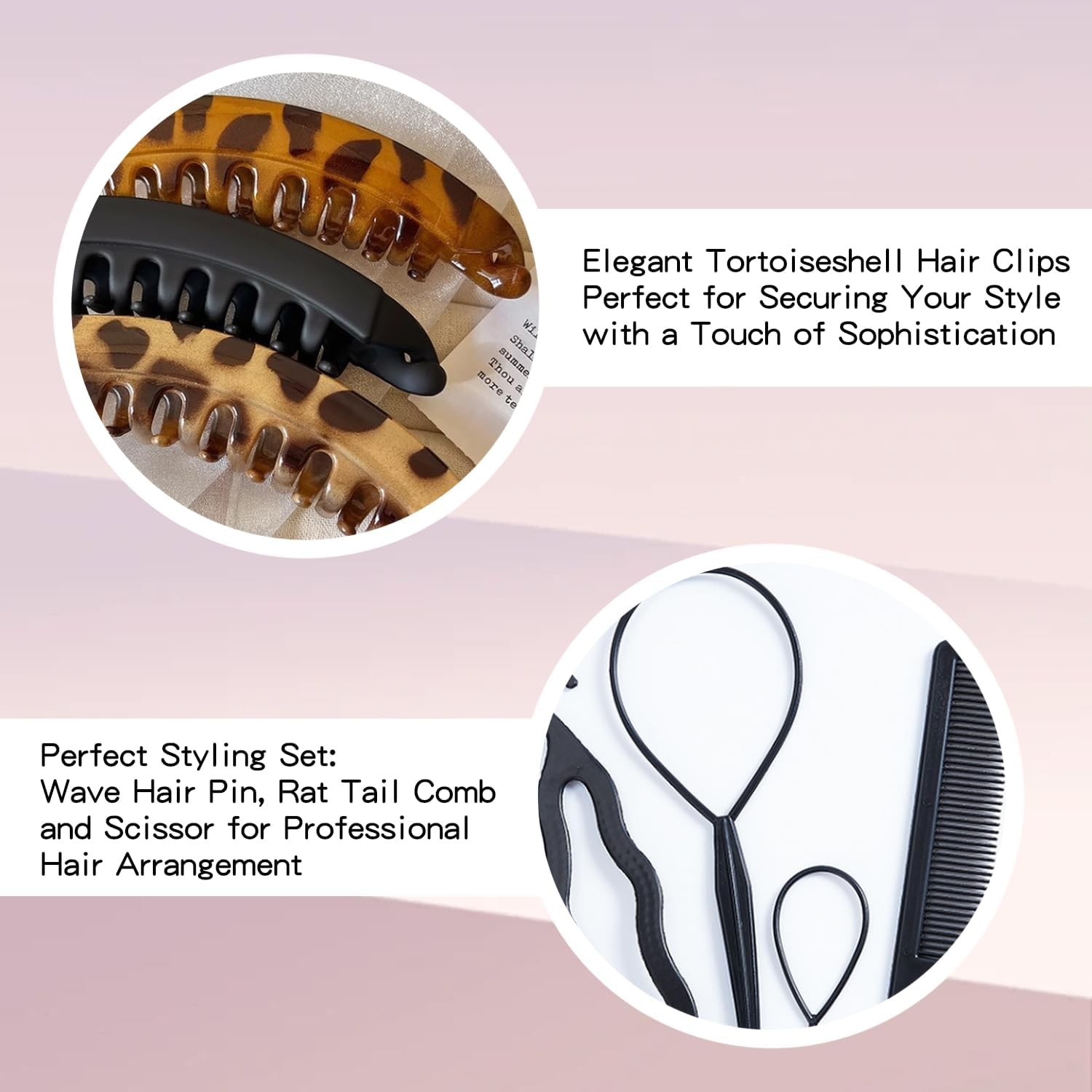 4 X Banana Hair Pins (Shiny/Matte/Turtle) + Hairdressing Set Curly Hair Non Slip image number 4