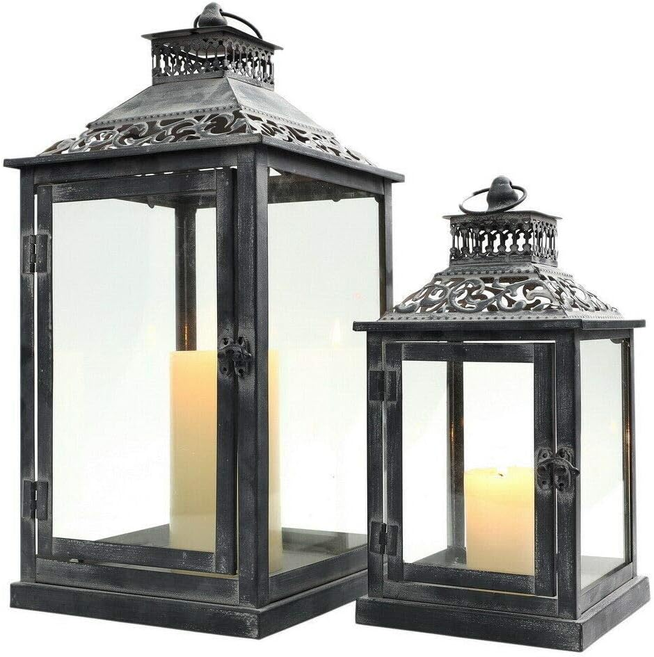 JHY Design Set of 2 Black with Grey Brush Decorative Lanterns, Metal Candle Lanterns for Indoor Outdoor, Events, Paritie and Weddings Vintage Style Hanging Lantern