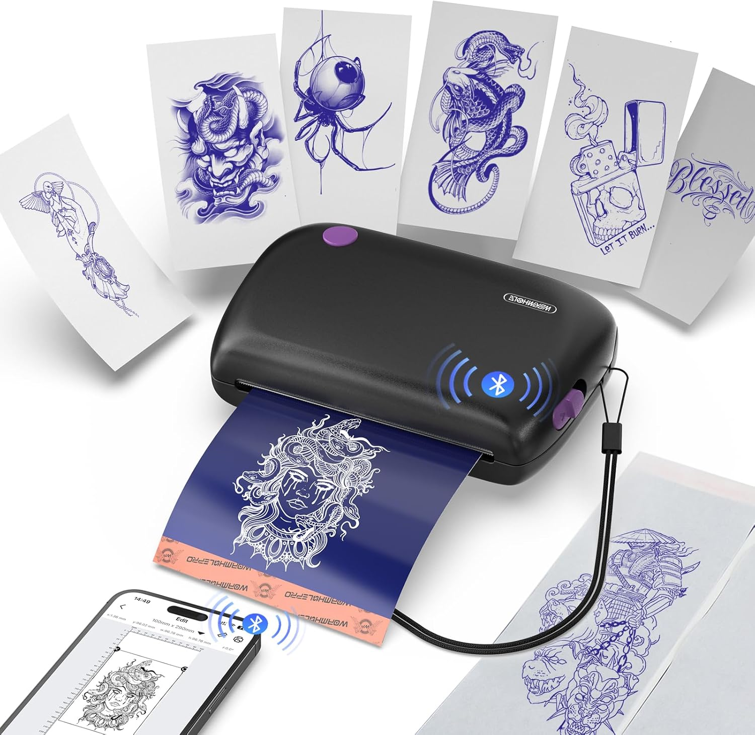 Wormhole Tattoo Stencil Printer, Mini Thermal Tattoo Printer, Bluetooth Tattoo Machines Compatible with Tablet, Smartphone for Beginners and Artists-Black image number 3