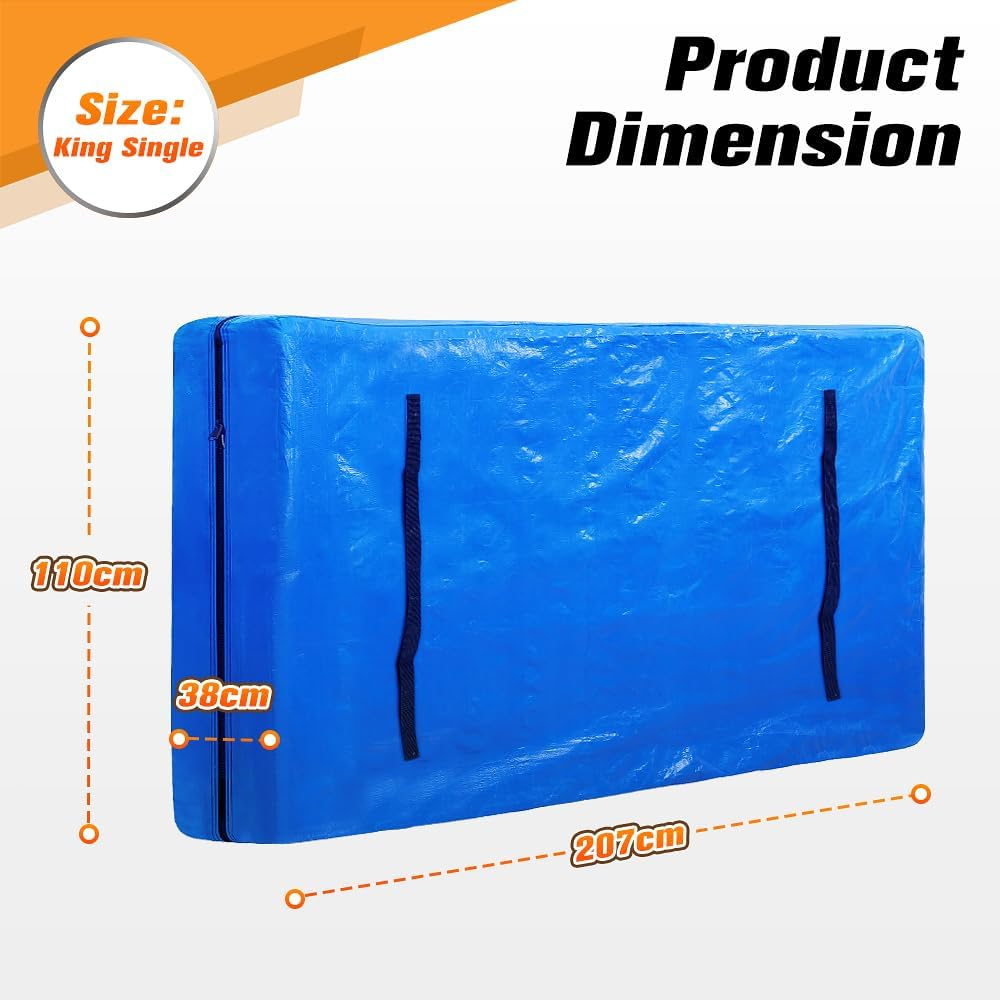 MOBI Mattress Bags for Moving and Storage, Mattress Cover with 8 Heavy Duty Handles and Strong Zipper Closure, Moving Supplies & Moving Bag, Navy, King Single Size - 207X110X38Cm