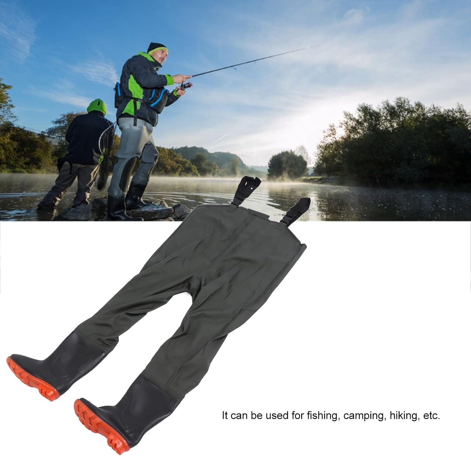 Wader Fishing Wading Pants, Waterproof Men Hip Wader with Bootfoot Wading Belt, PVC Flexible Bootfoot Chest Wader for Fishing Camping (Green) image number 2