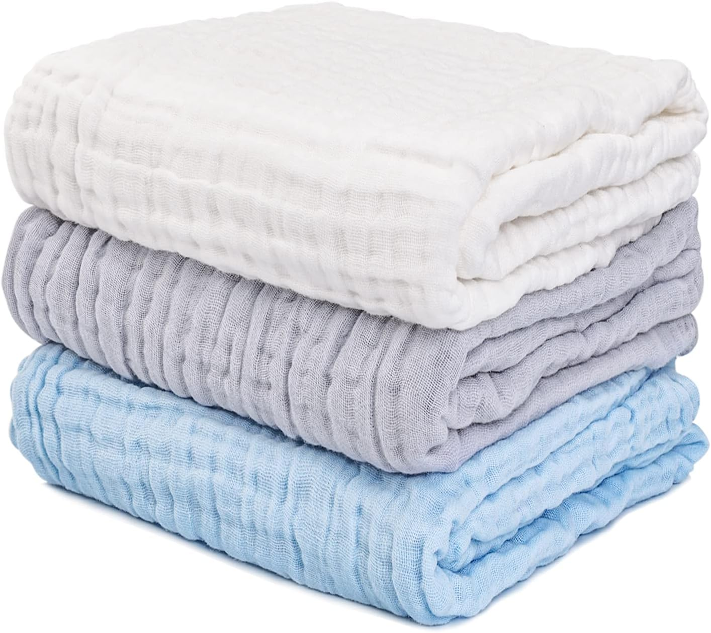 Muslin Baby Bath Towels Set 3Pack Ultra Soft and Absorbent Baby Towels Infant Toddler Blanket 6-Layer Natural Cotton Suitable for Girl Boy 40 * 40Inches (White & Blue & Grey)