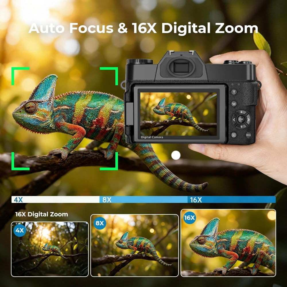 6K 64MP Digital Camera for Photography & Youtube Vlogging, 3" 180&deg; Flip Screen, 16X Zoom Autofocus, Wifi, with Wide-Angle Lens,64Gb TF Card, 2 Batteries, Charger, Reader & Flash image number 5